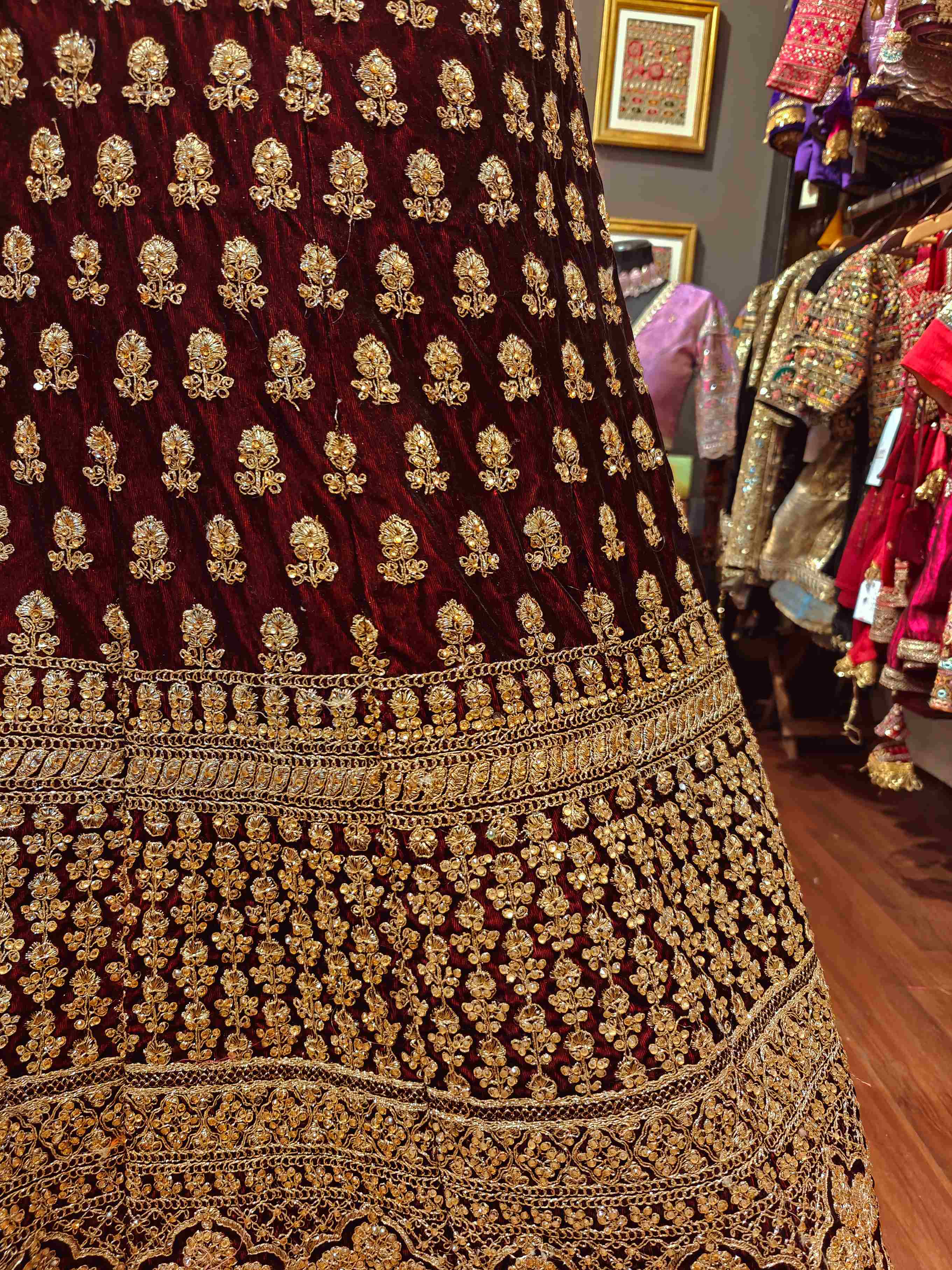 VELUXE VELVET LEHENGA SKIRT WITH DUPATTA AND STITCHED BLOUSE(WITH CANCAN)