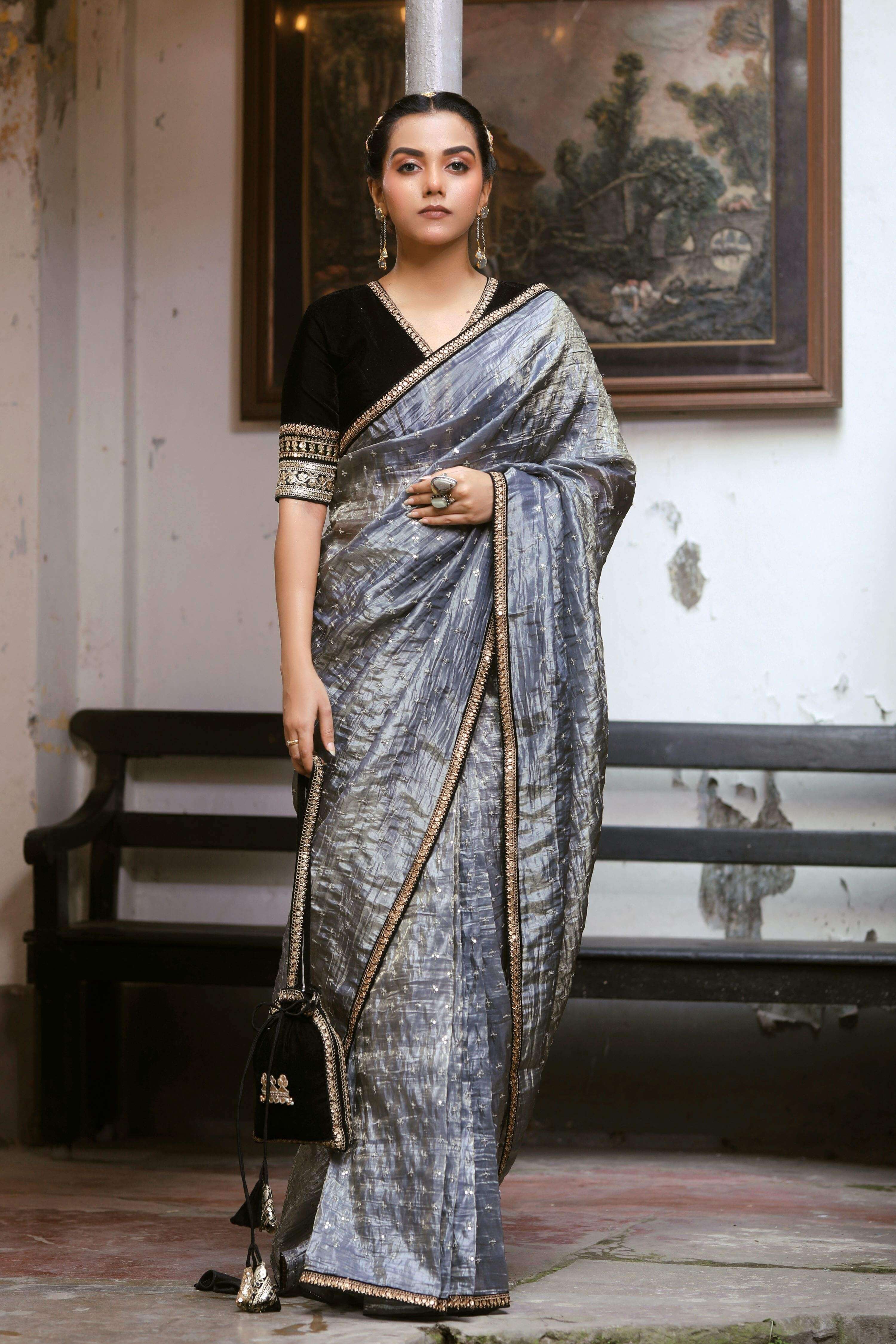 GRAPHITE GLAM SAREE WITH BLACK BEAUTY BLOUSE