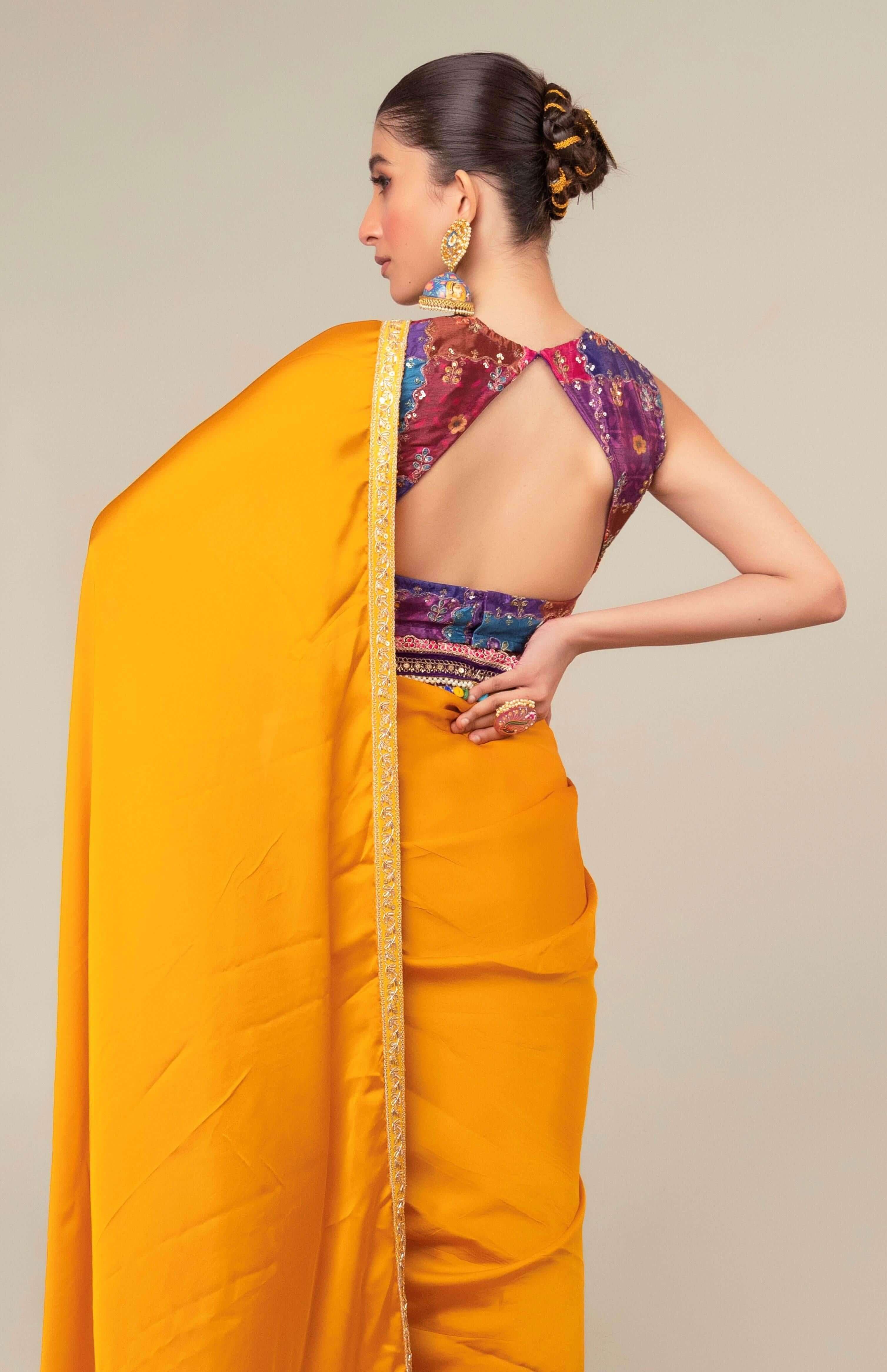 MARIGOLD MIST SAREE WITH BLUSH EDIT BLOUSE.