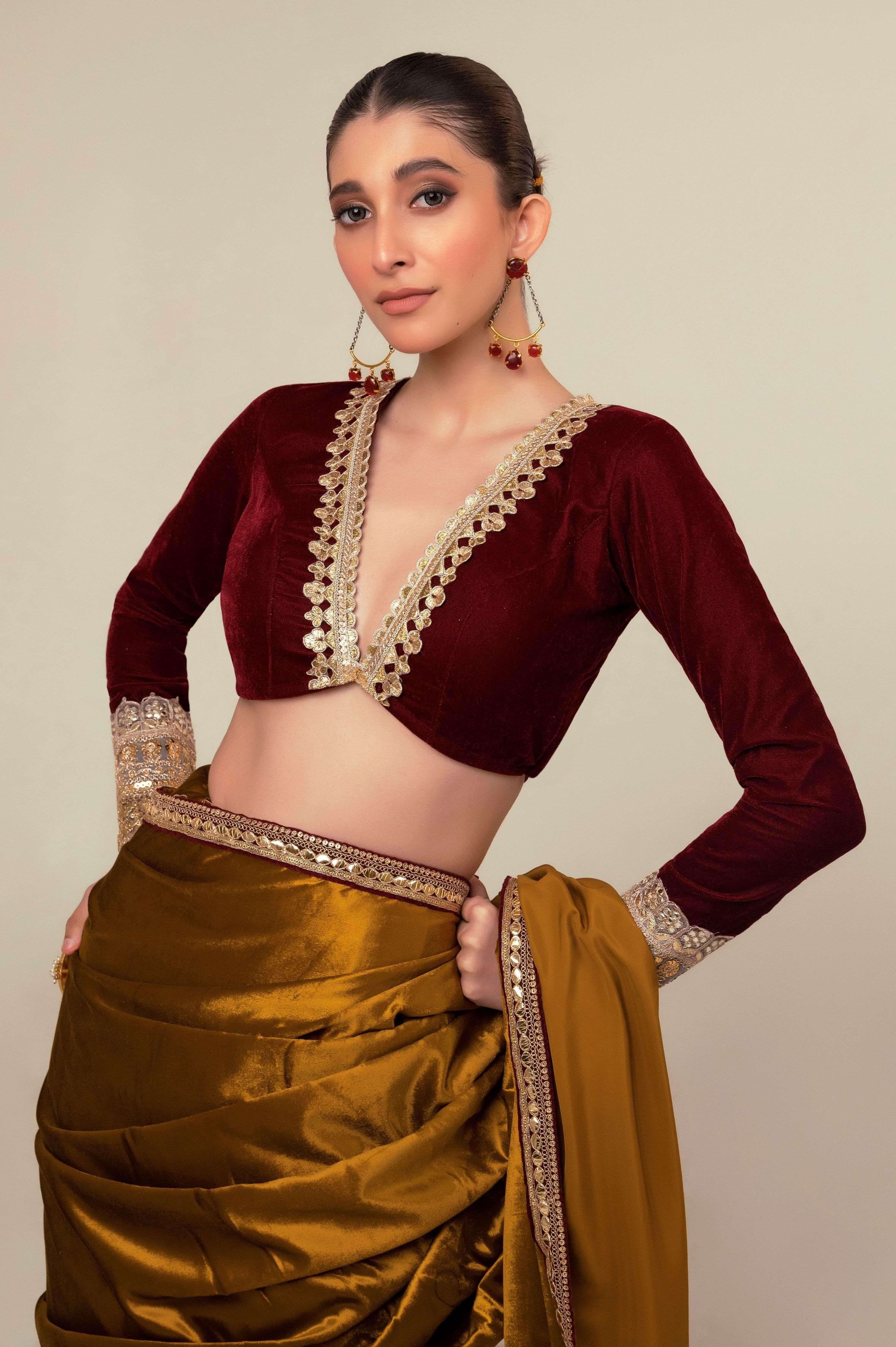 LUXE LIME SAREE WITH OXBLOOD EDGE BLOUSE.
