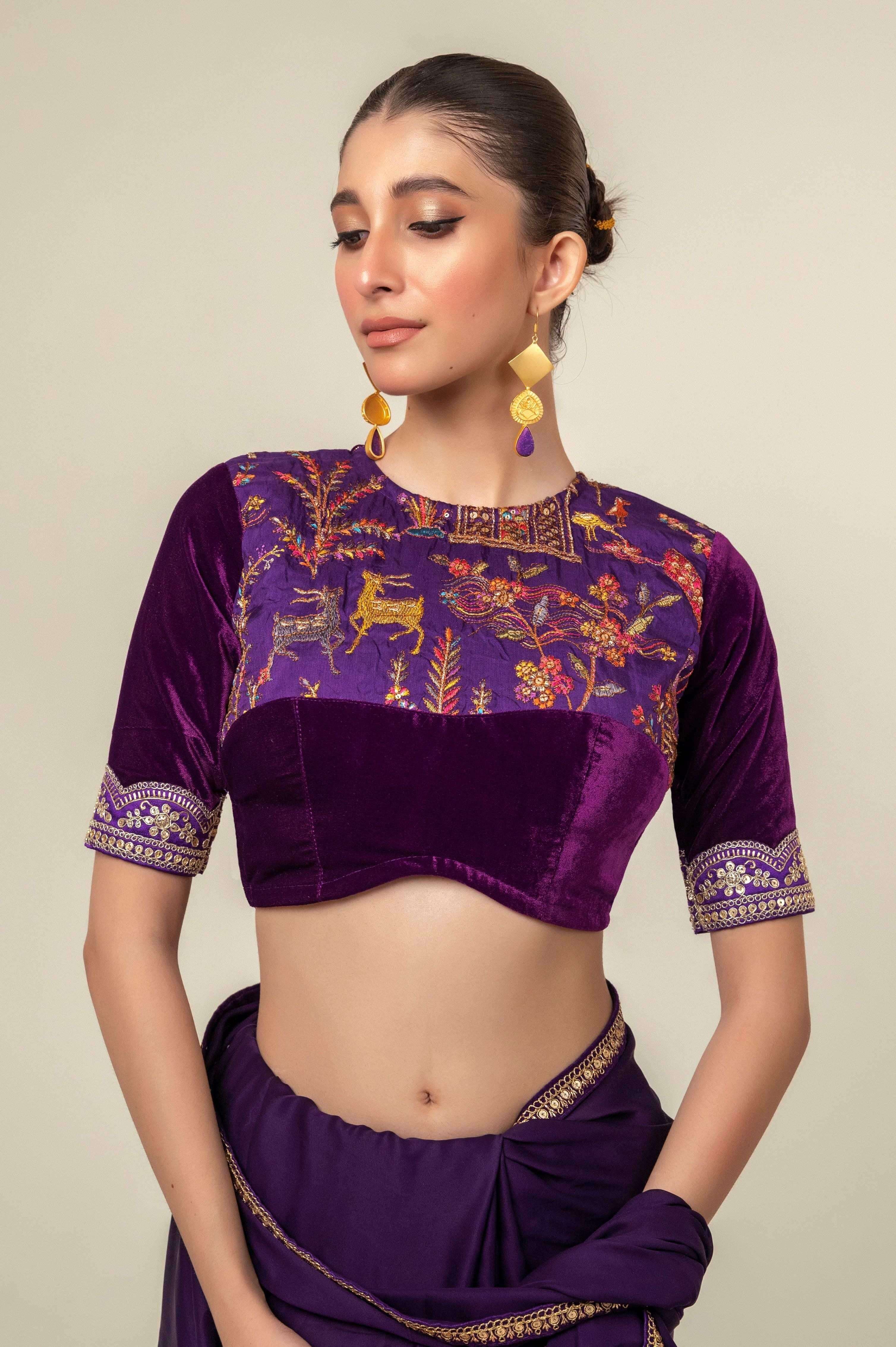 BOLD BLOOM SAREE WITH ROYAL HAZE BLOUSE.