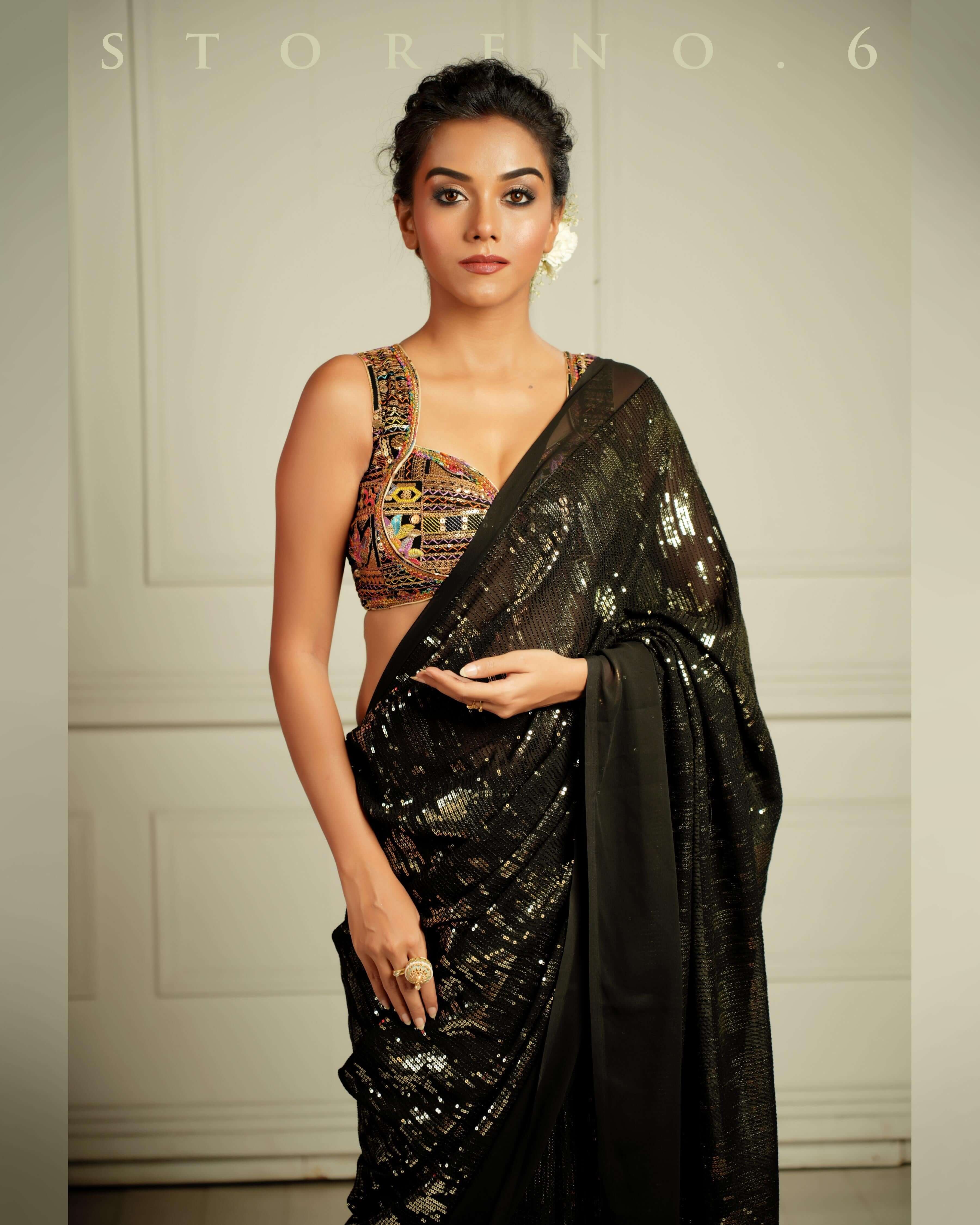 BLACK WIDOW COCKTAIL SAREE WITH SASS OF BLACK BLOUSE.