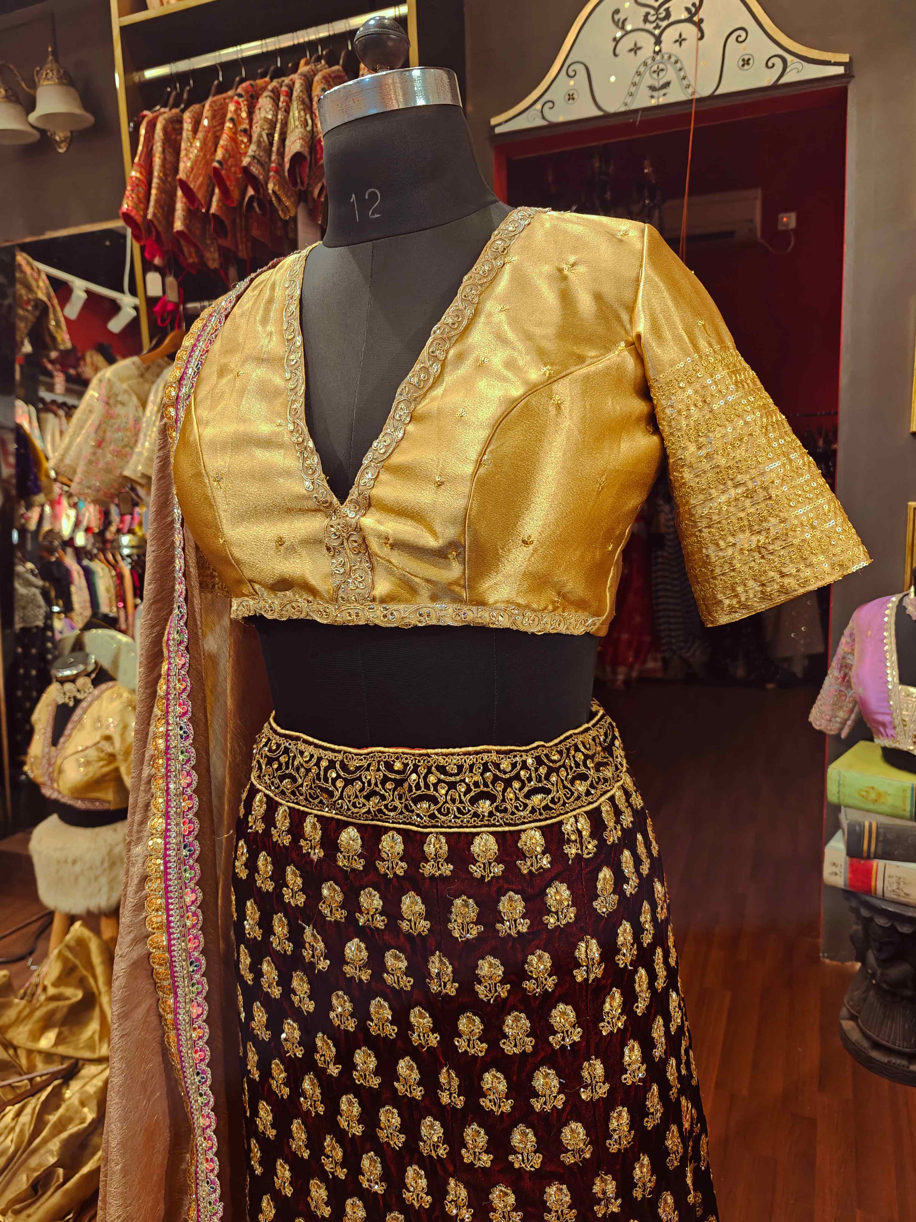 VELUXE VELVET LEHENGA SKIRT WITH DUPATTA AND STITCHED BLOUSE(WITH CANCAN)
