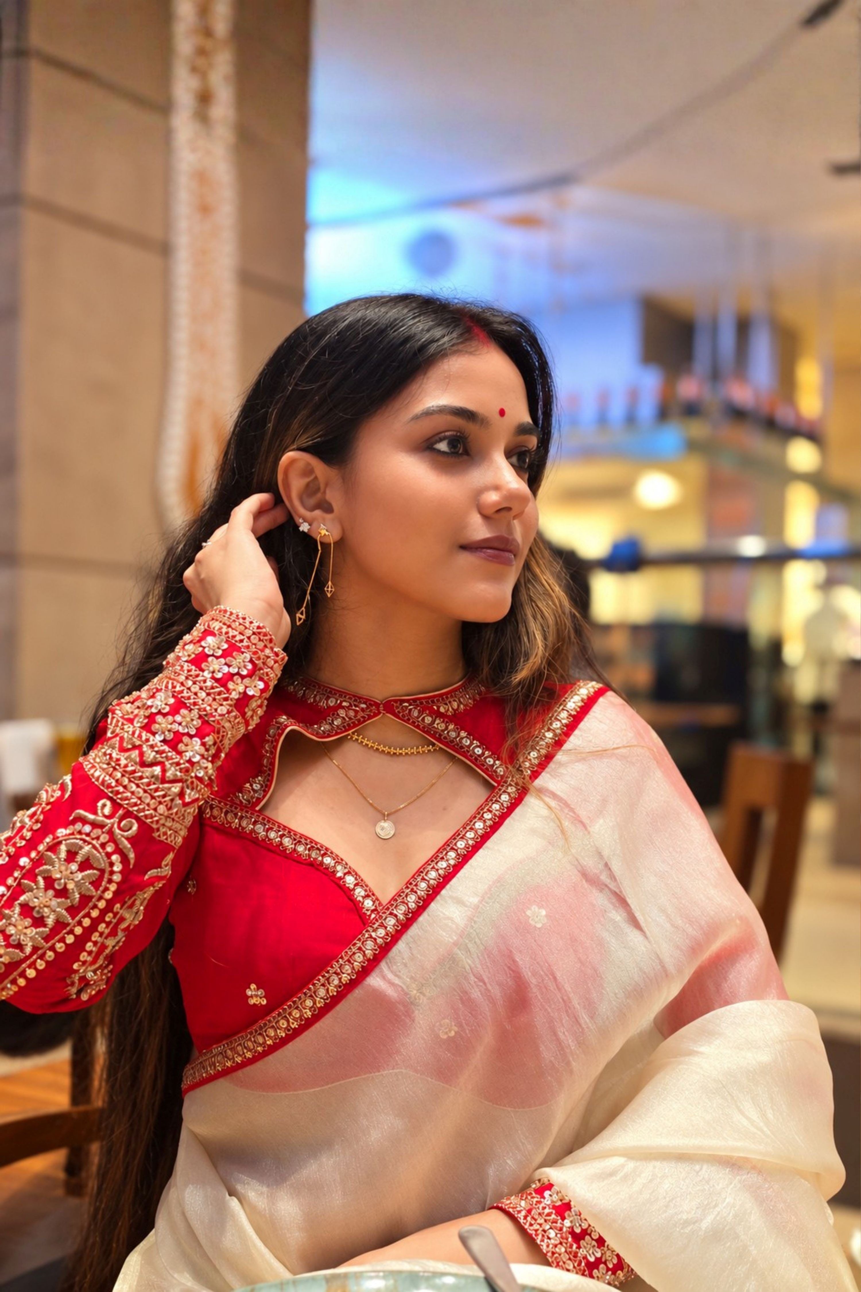 PEARL POISE SAREE WITH SCARLET LUXE CLASSIC BLOUSE