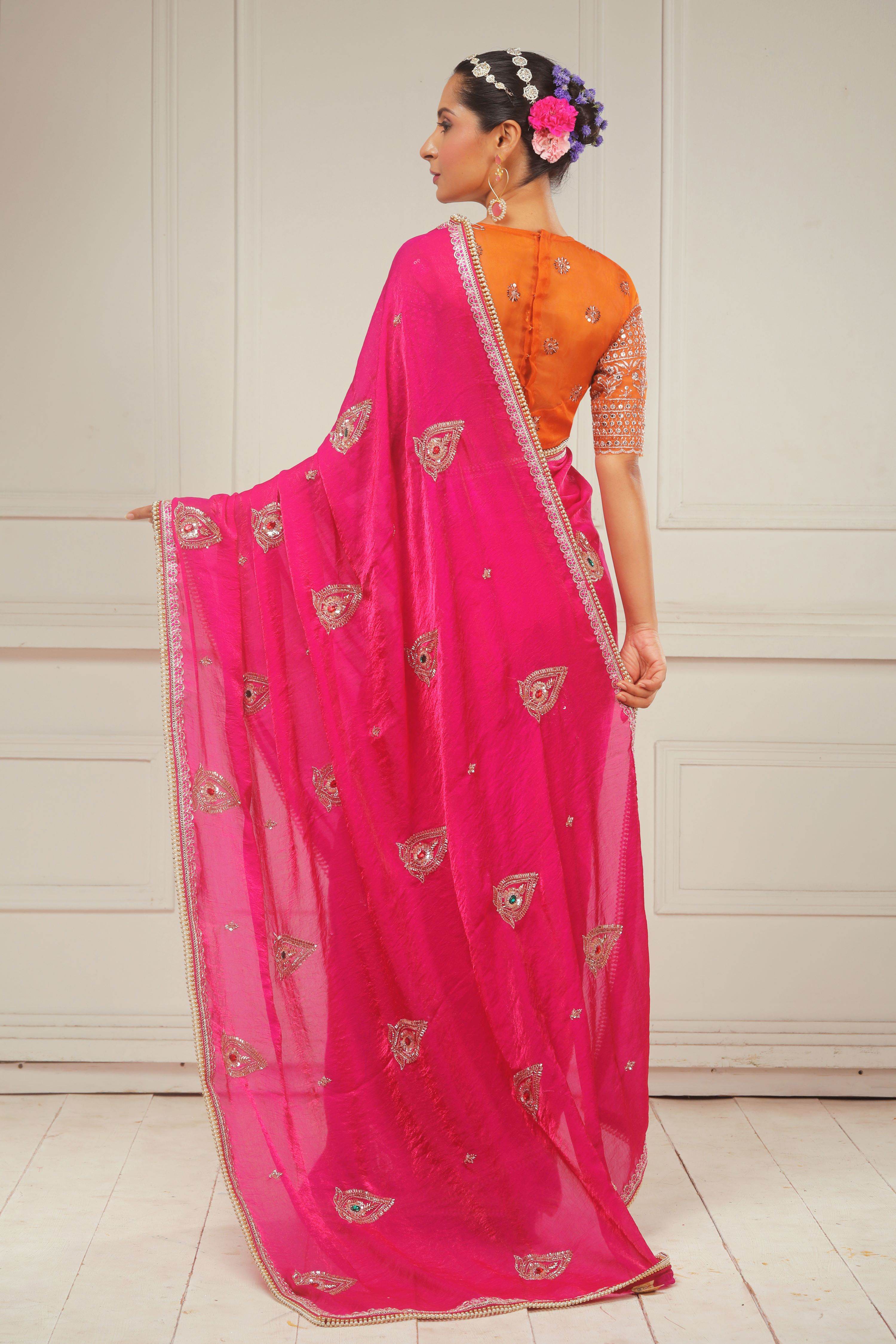 RANGREZ RANI SAREE WITH GOLD TANGERINE POETRY BLOUSE