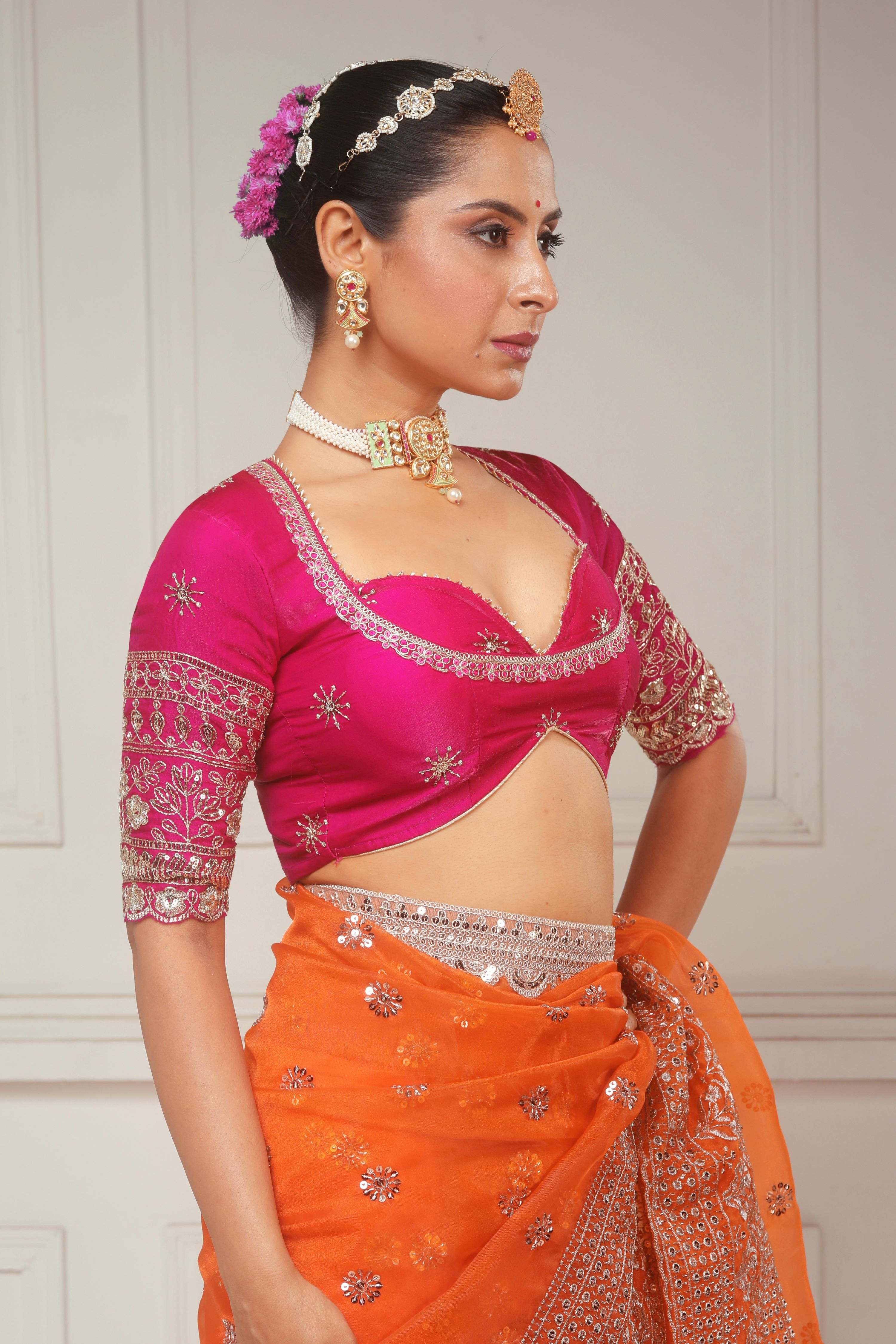 TANGERINE POETRY SAREE WITH CANDY WILDFLOWER BLOUSE