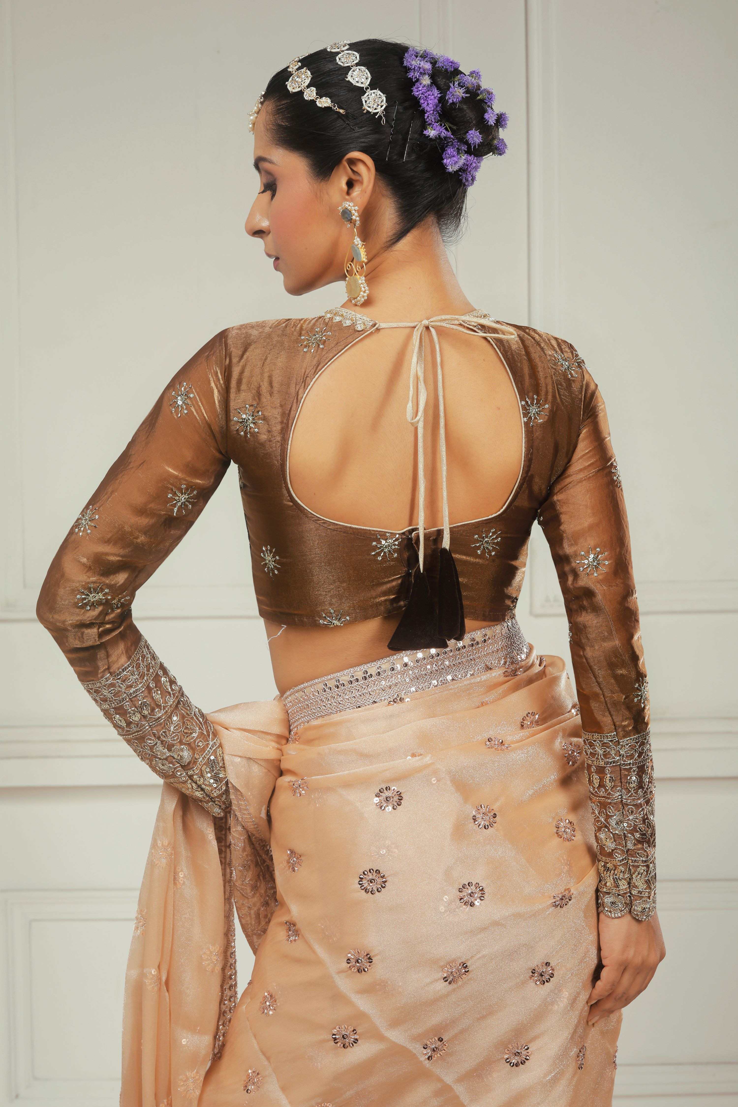 OLD GOLD POETRY SAREE WITH COCOA WILDFLOWER BLOUSE
