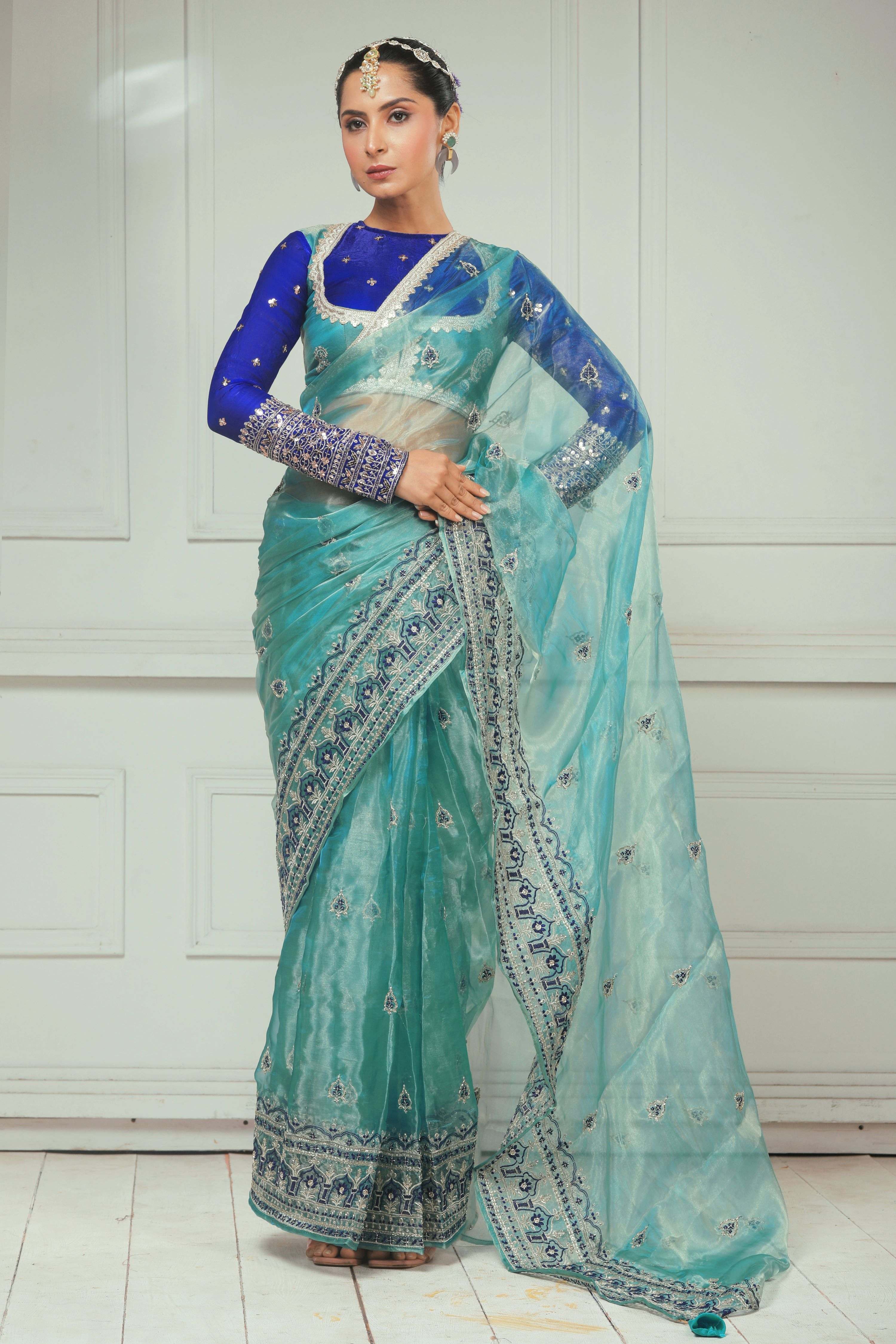 SAPPHIRE SHEESH SAREE WITH RAVISH REIGN CLASSIC BLOUSE