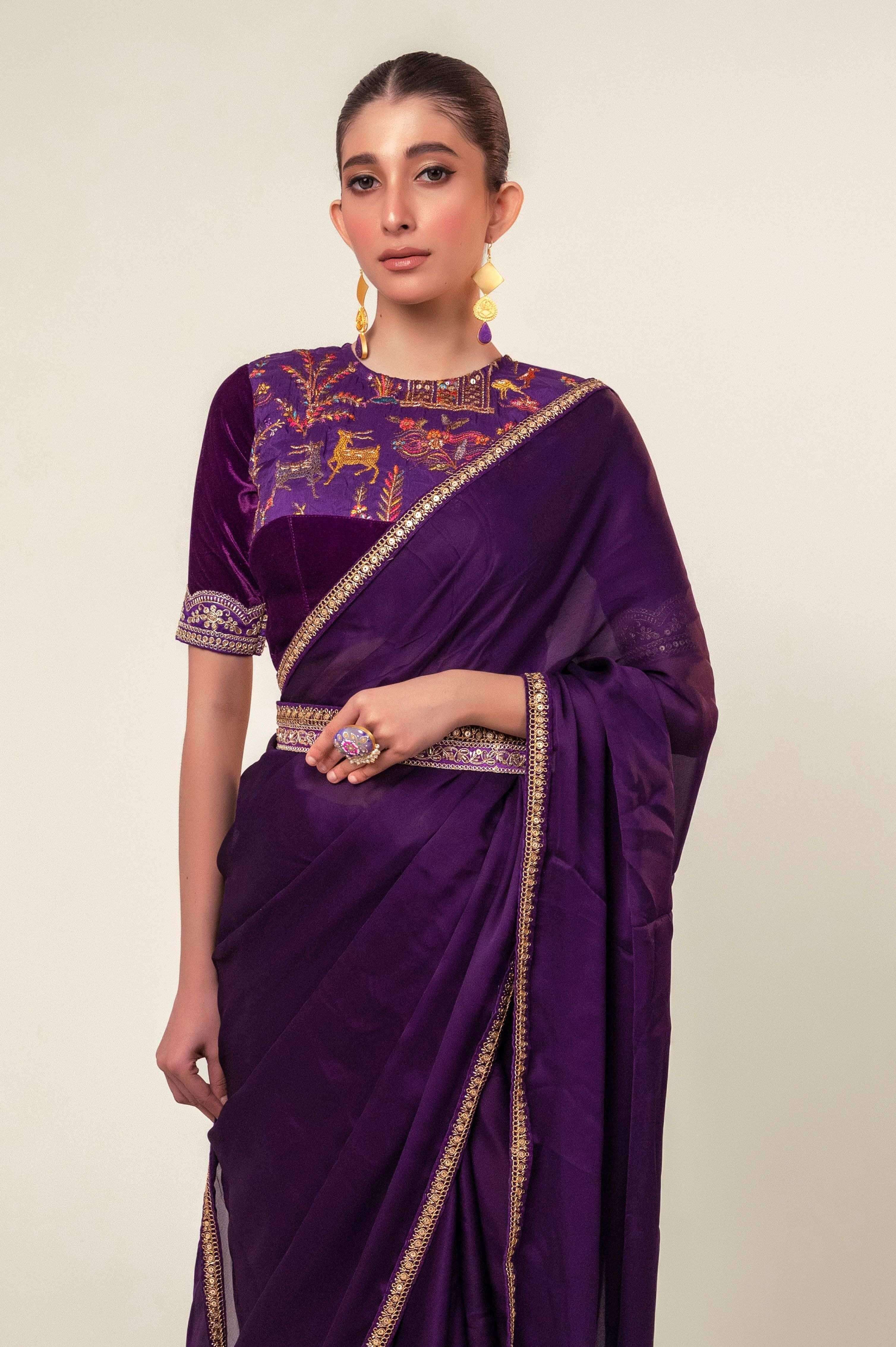 BOLD BLOOM SAREE WITH ROYAL HAZE BLOUSE.