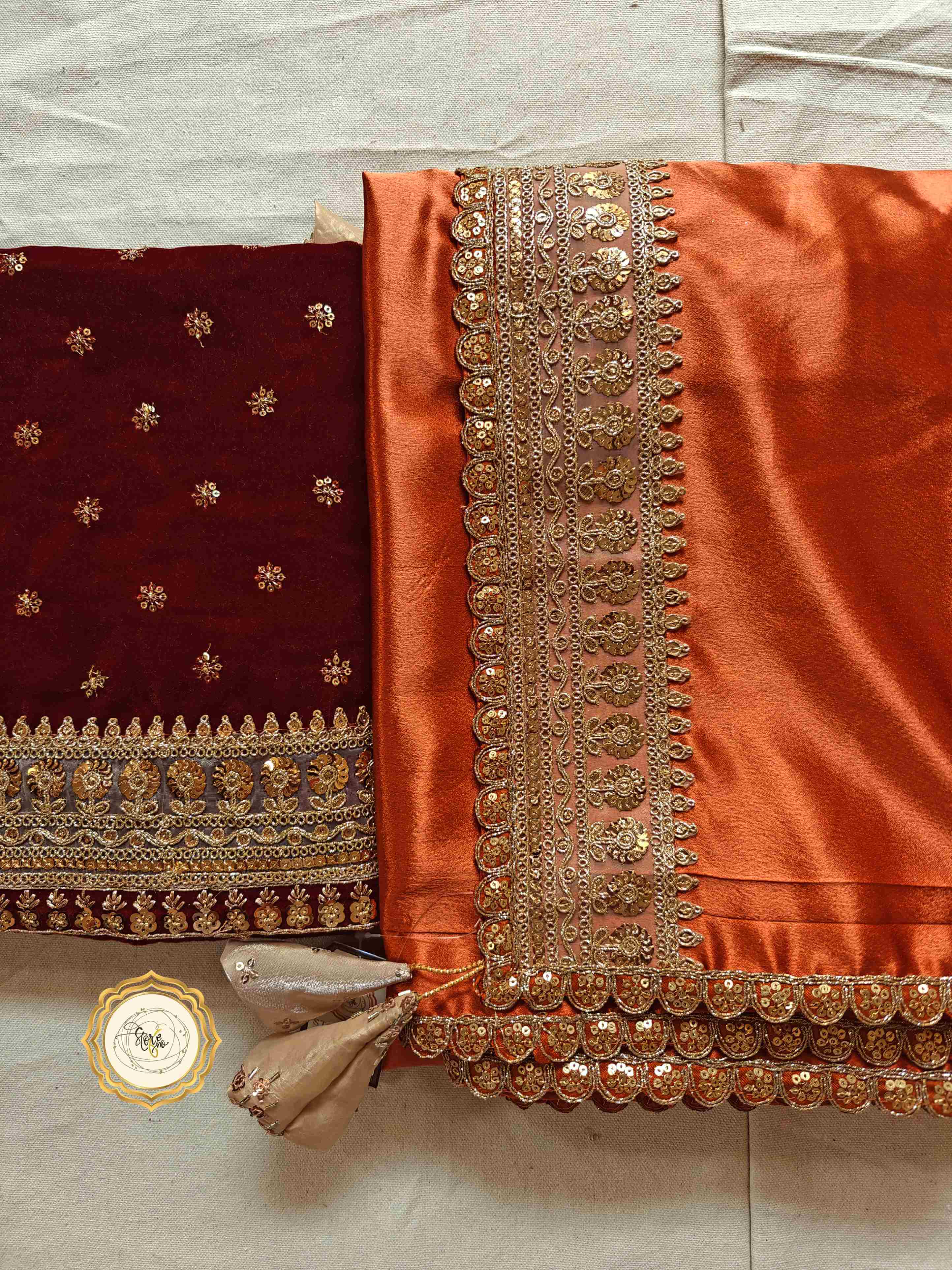 RUST PARTYWEAR SAREE WITH UNSTITCHED BLOUSE