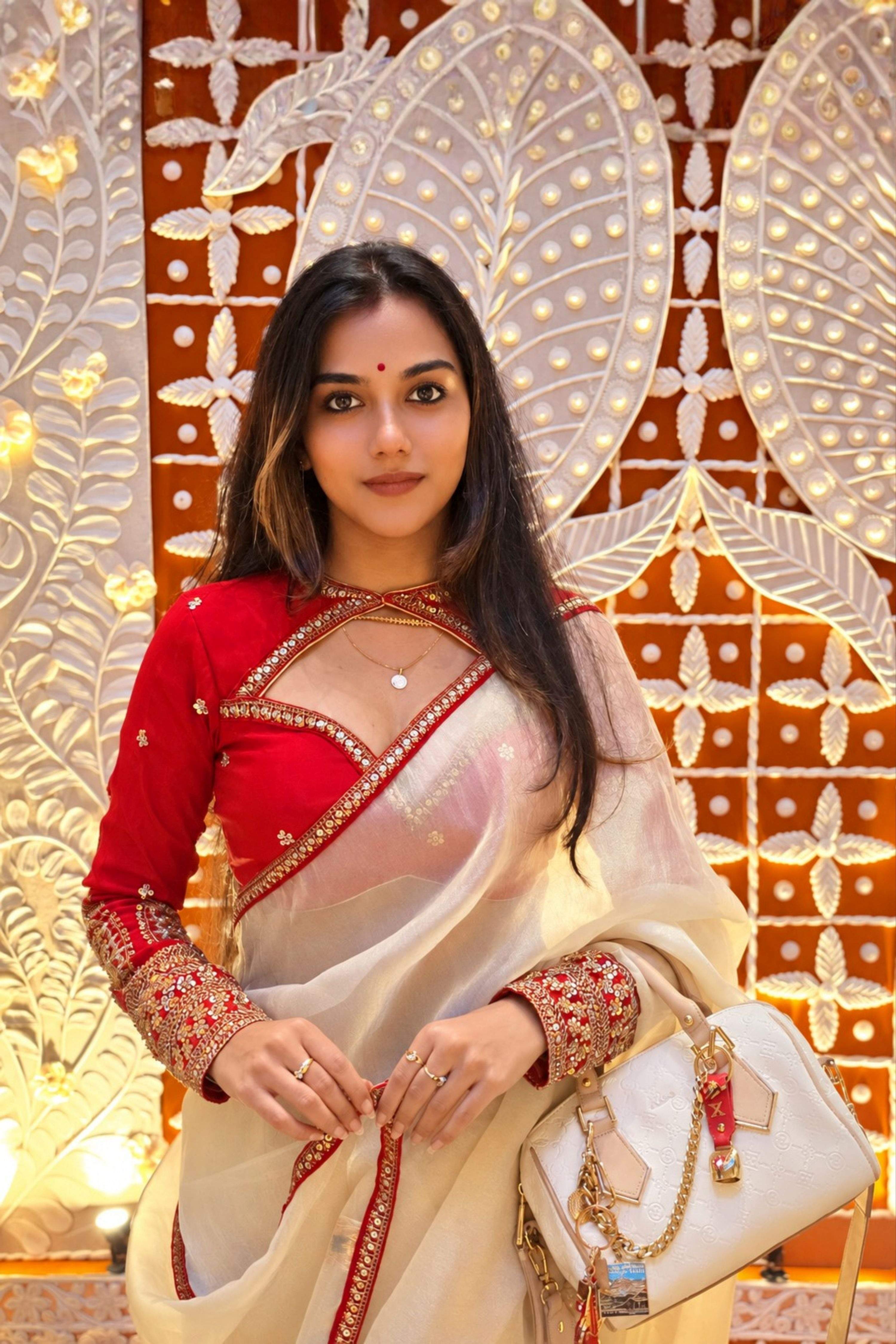 PEARL POISE SAREE WITH SCARLET LUXE CLASSIC BLOUSE