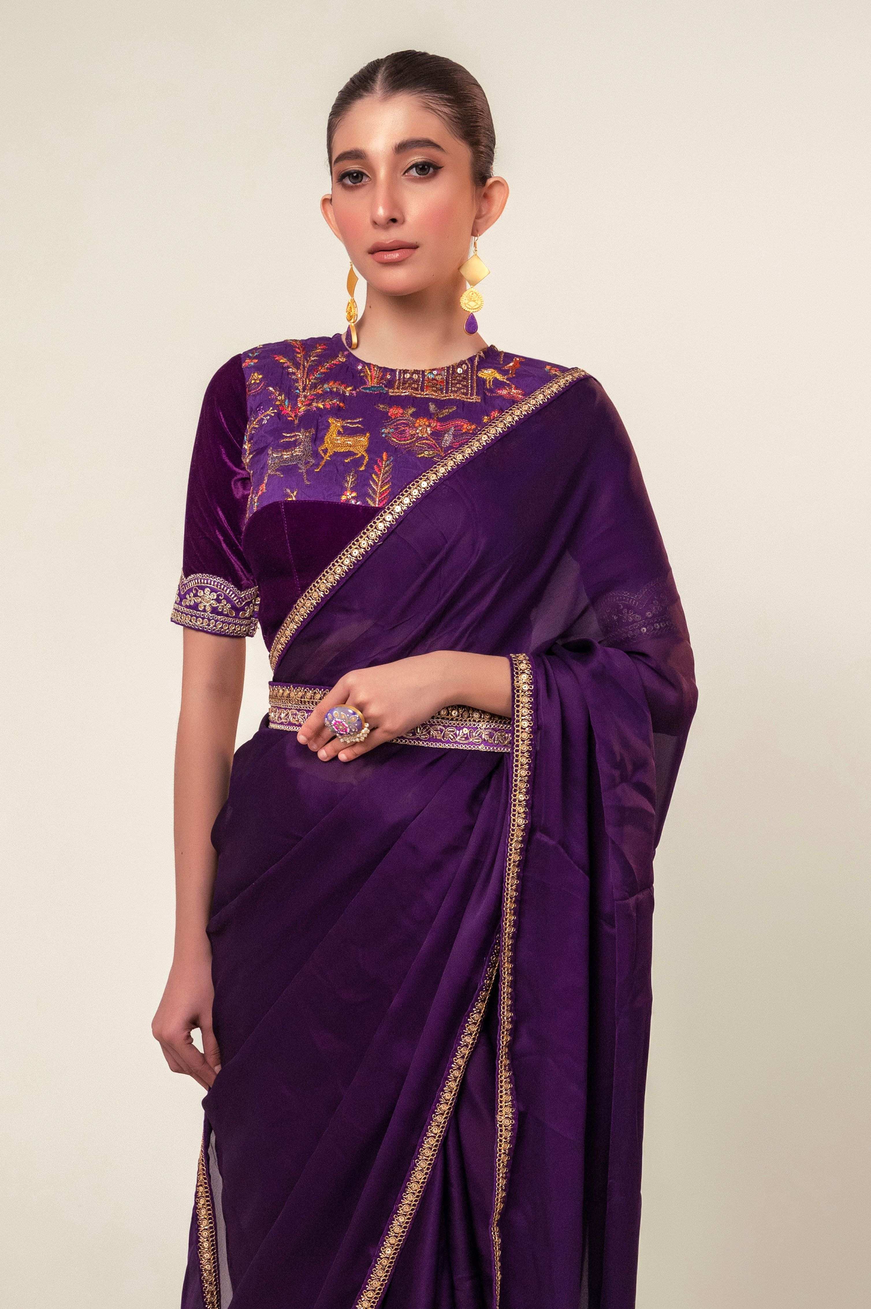 BOLD BLOOM SAREE WITH ROYAL HAZE BLOUSE