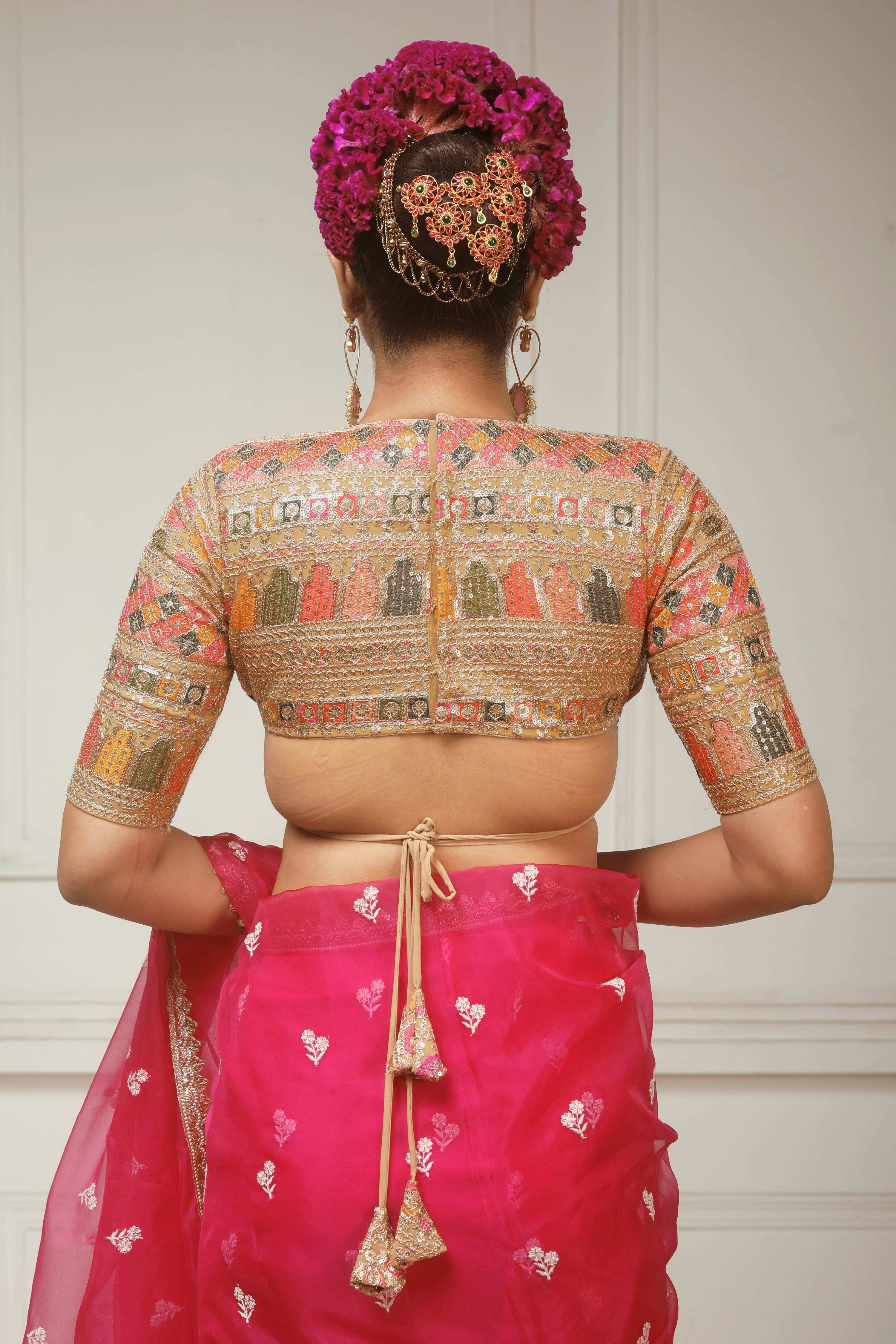 FUCHSIA FLAME SAREE WITH GLIDED GODDESS BLOUSE
