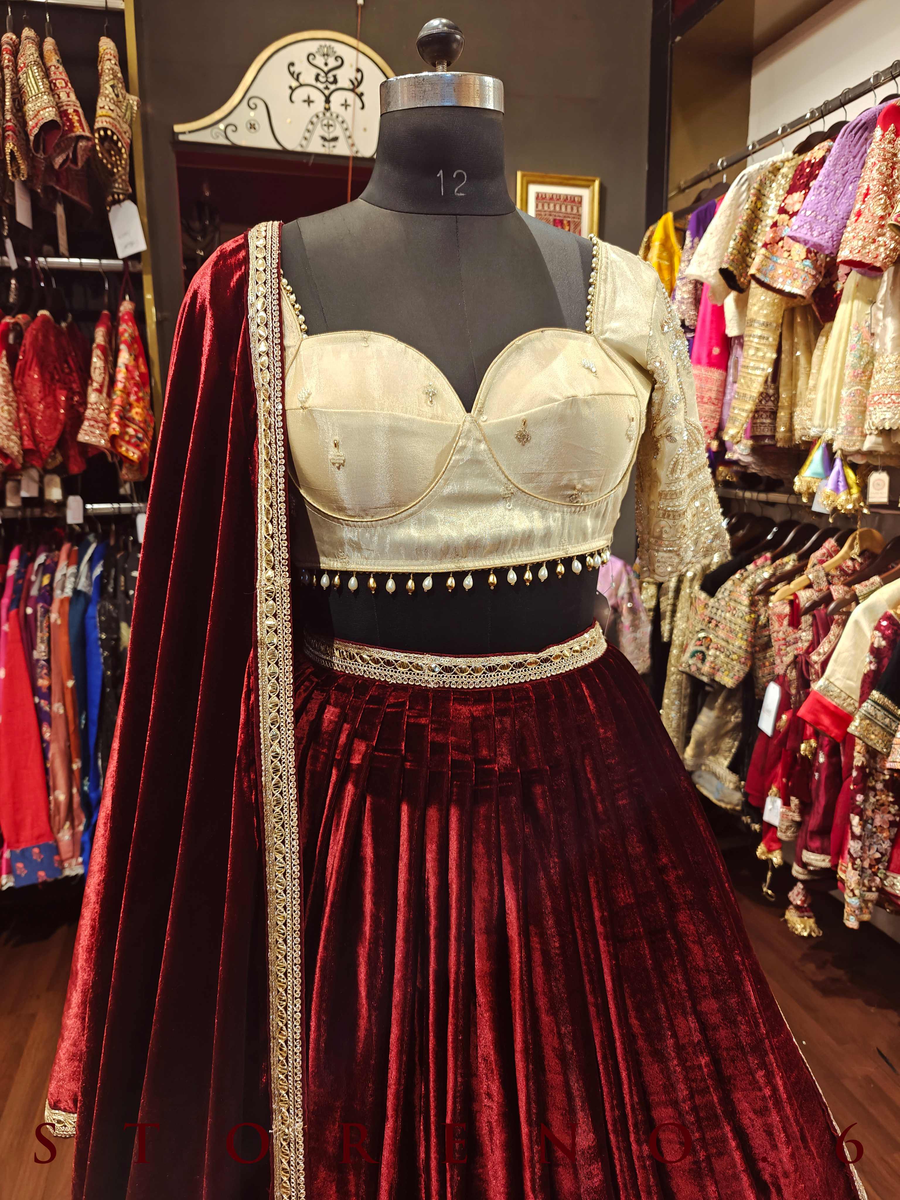 MEHRUN VELVET LEHENGA SKIRT WITH DUPATTA AND STITCHED BLOUSE(WITH CANCAN)