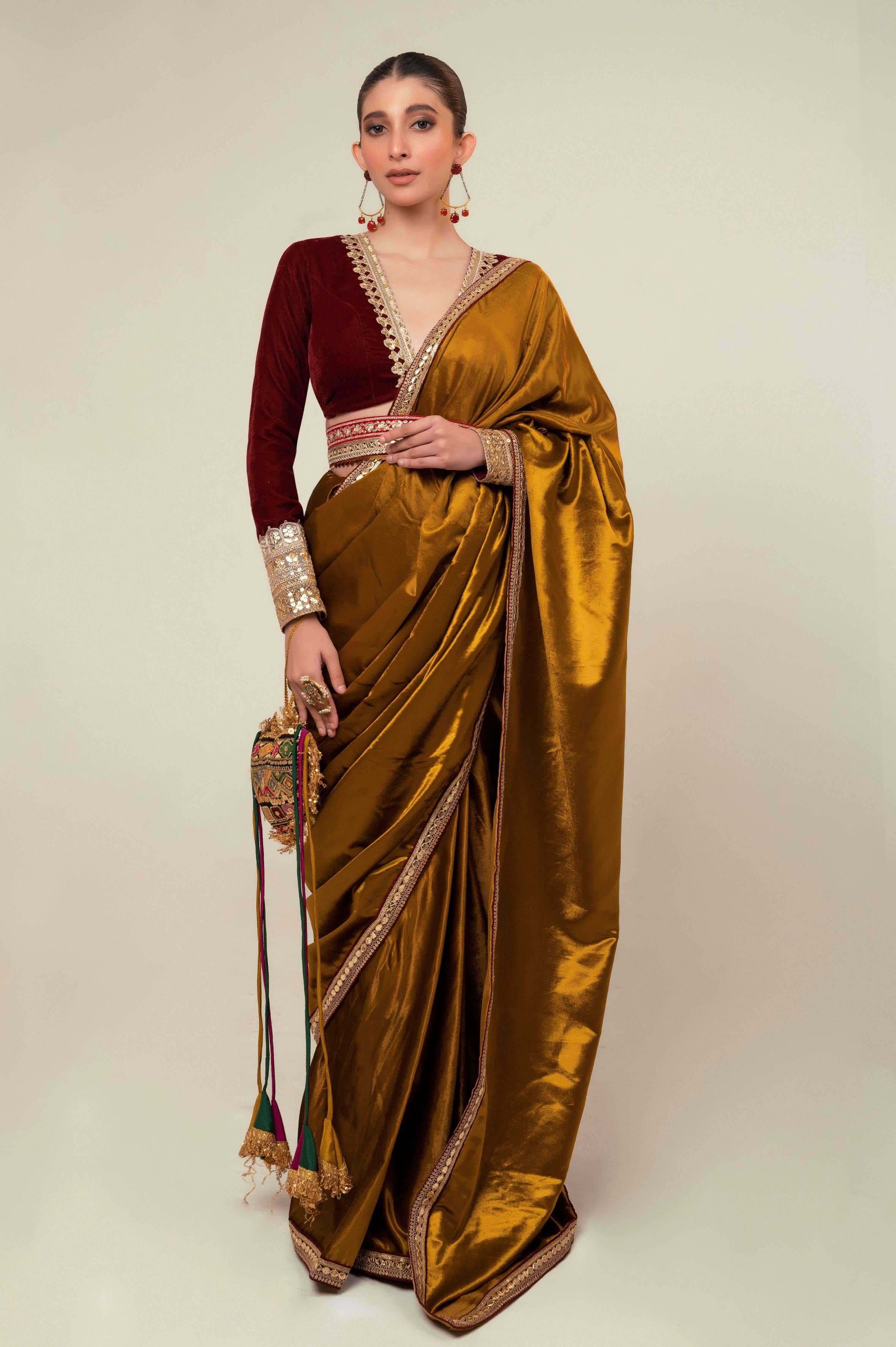 LUXE LIME SAREE WITH OXBLOOD EDGE BLOUSE.
