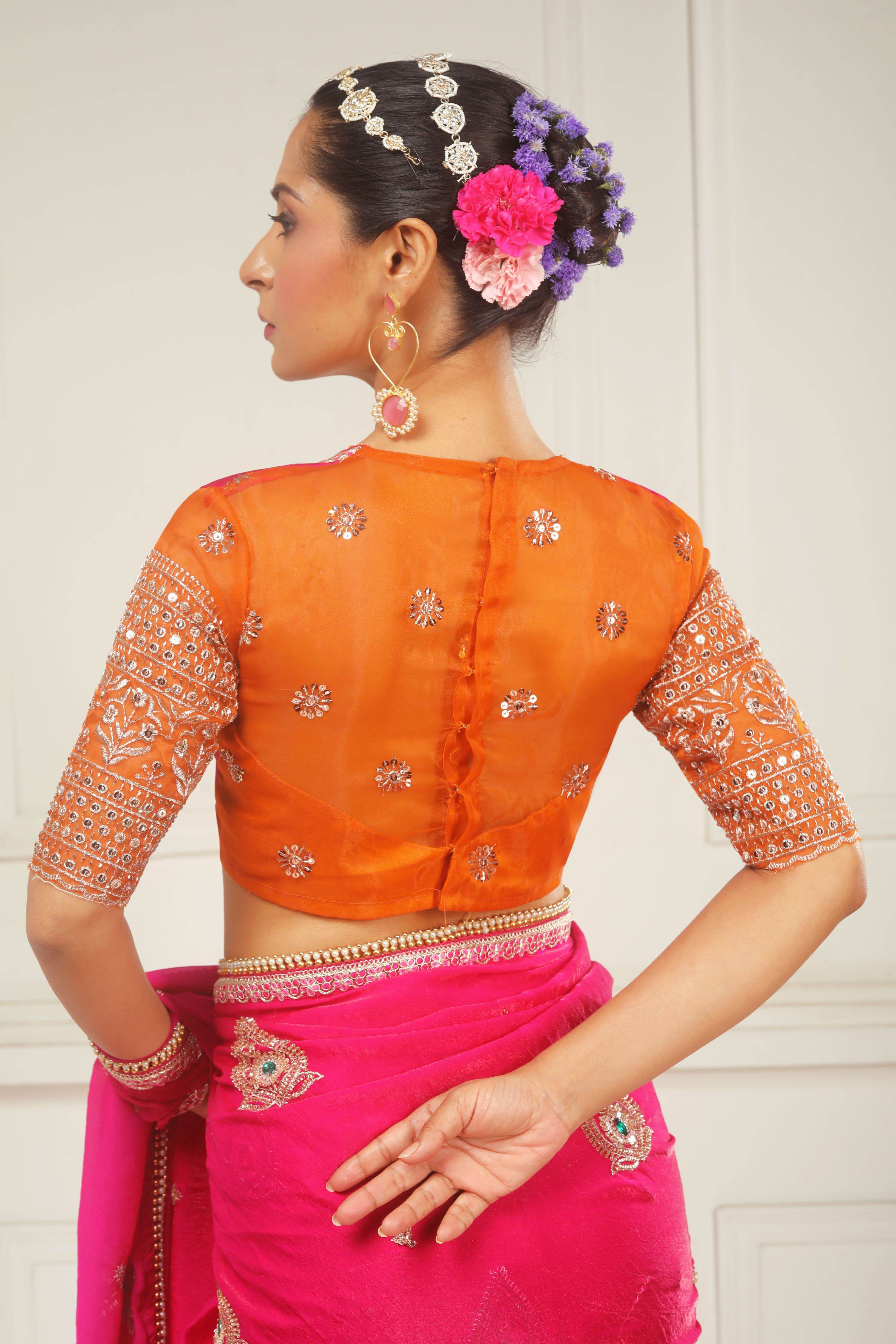 RANGREZ RANI SAREE WITH GOLD TANGERINE POETRY BLOUSE
