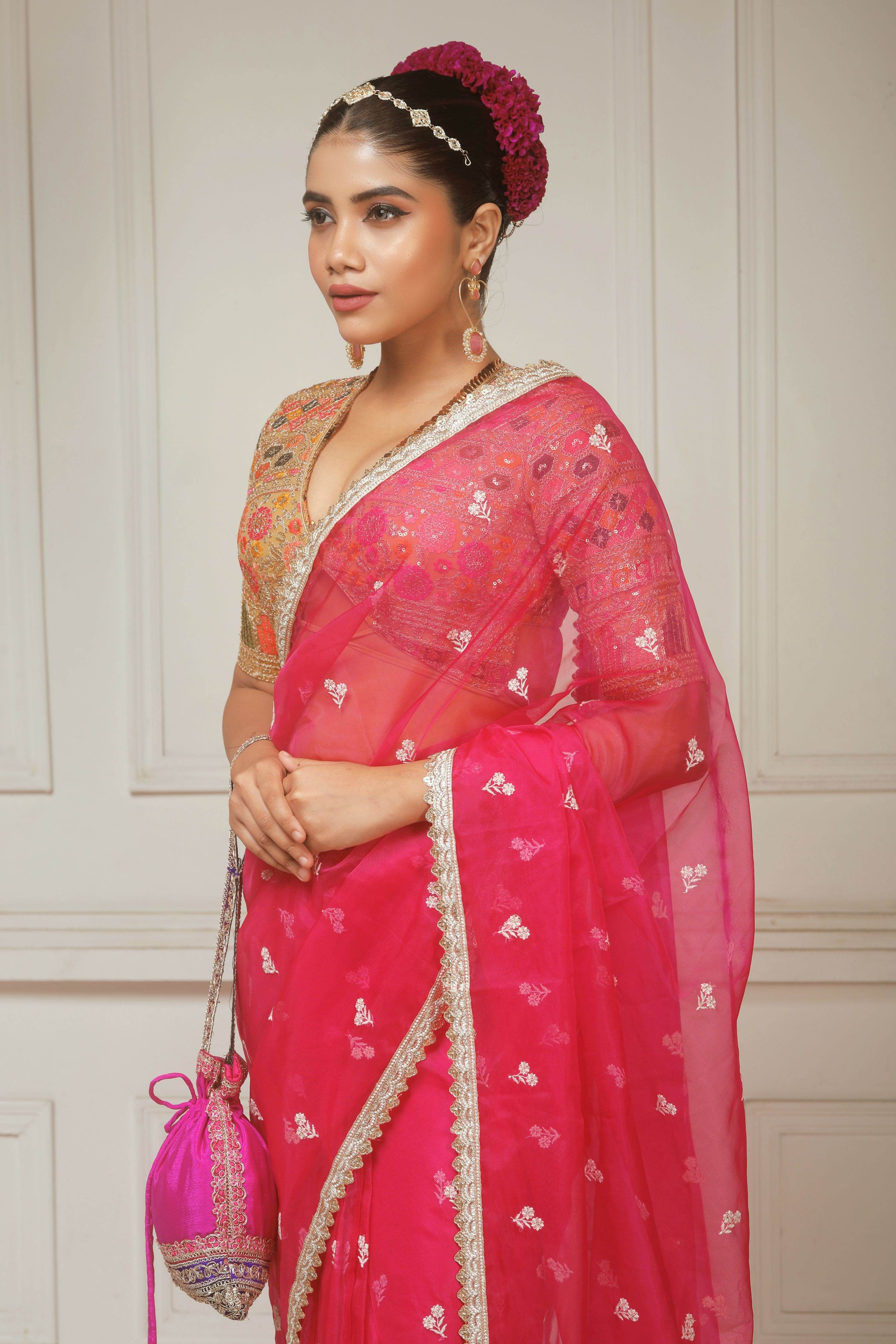 FUCHSIA FLAME SAREE WITH GLIDED GODDESS BLOUSE