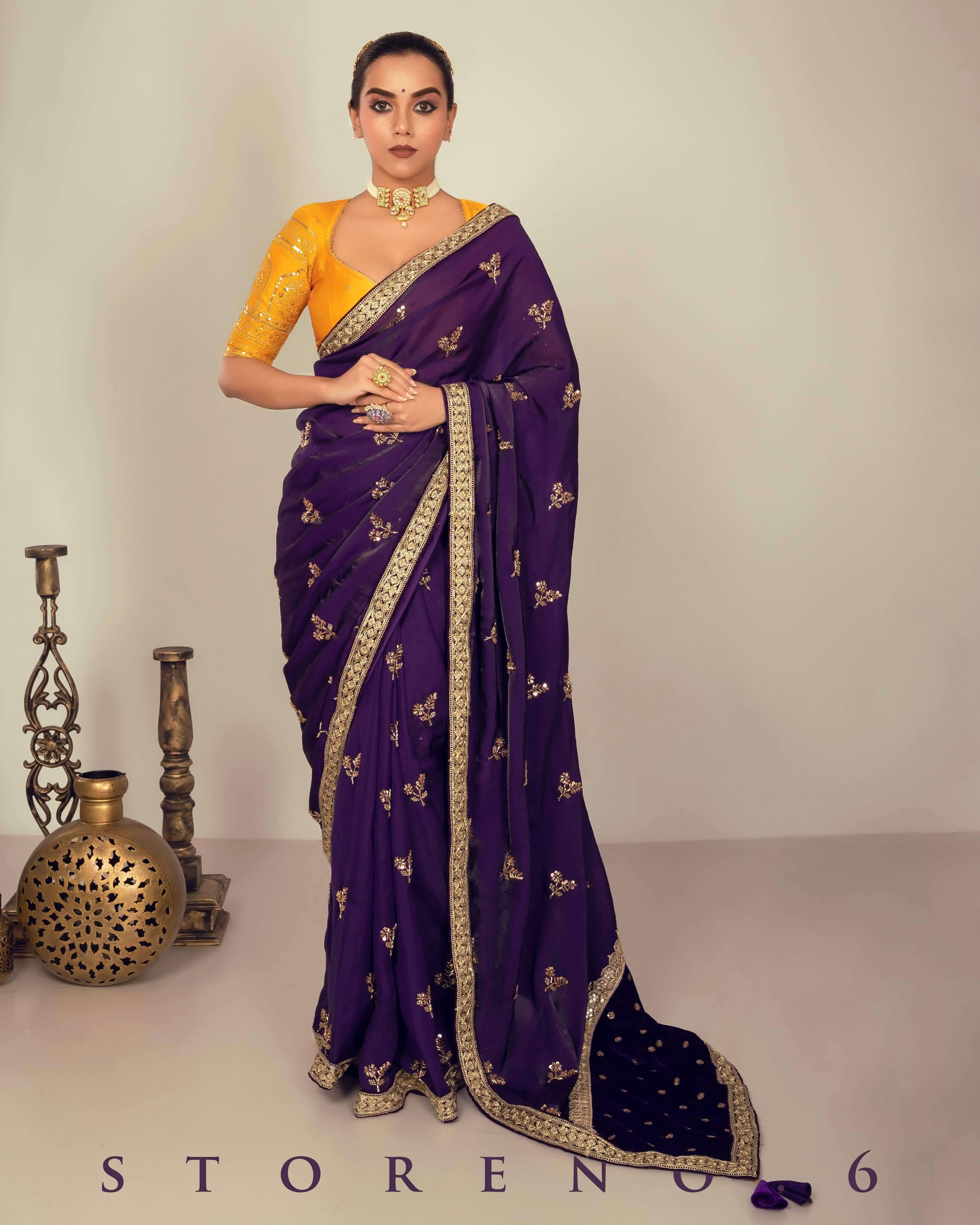 RAISIN REGALIA SAREE WITH TIMELESS TOPAZ BLOUSE.
