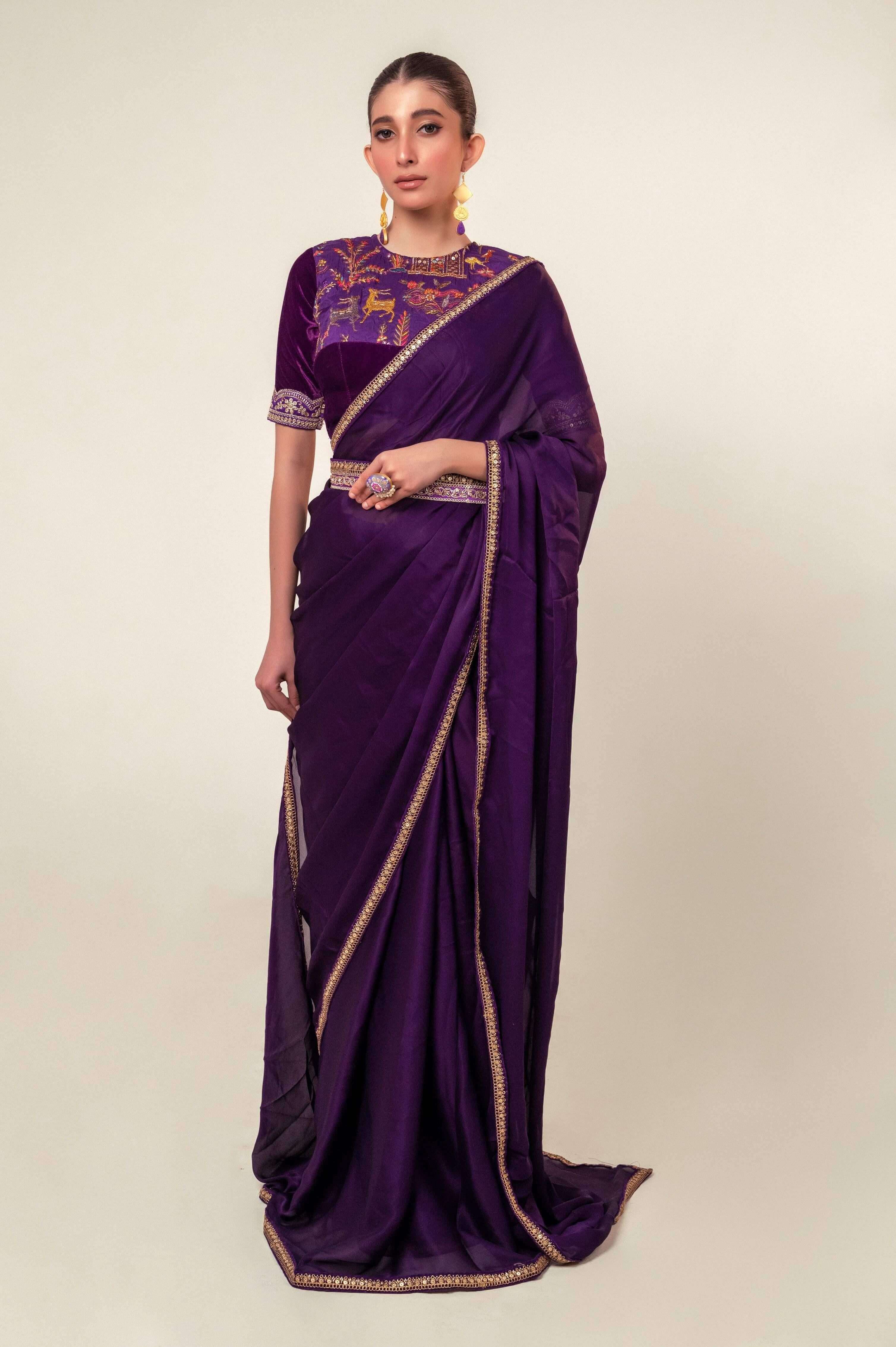 BOLD BLOOM SAREE WITH ROYAL HAZE BLOUSE.