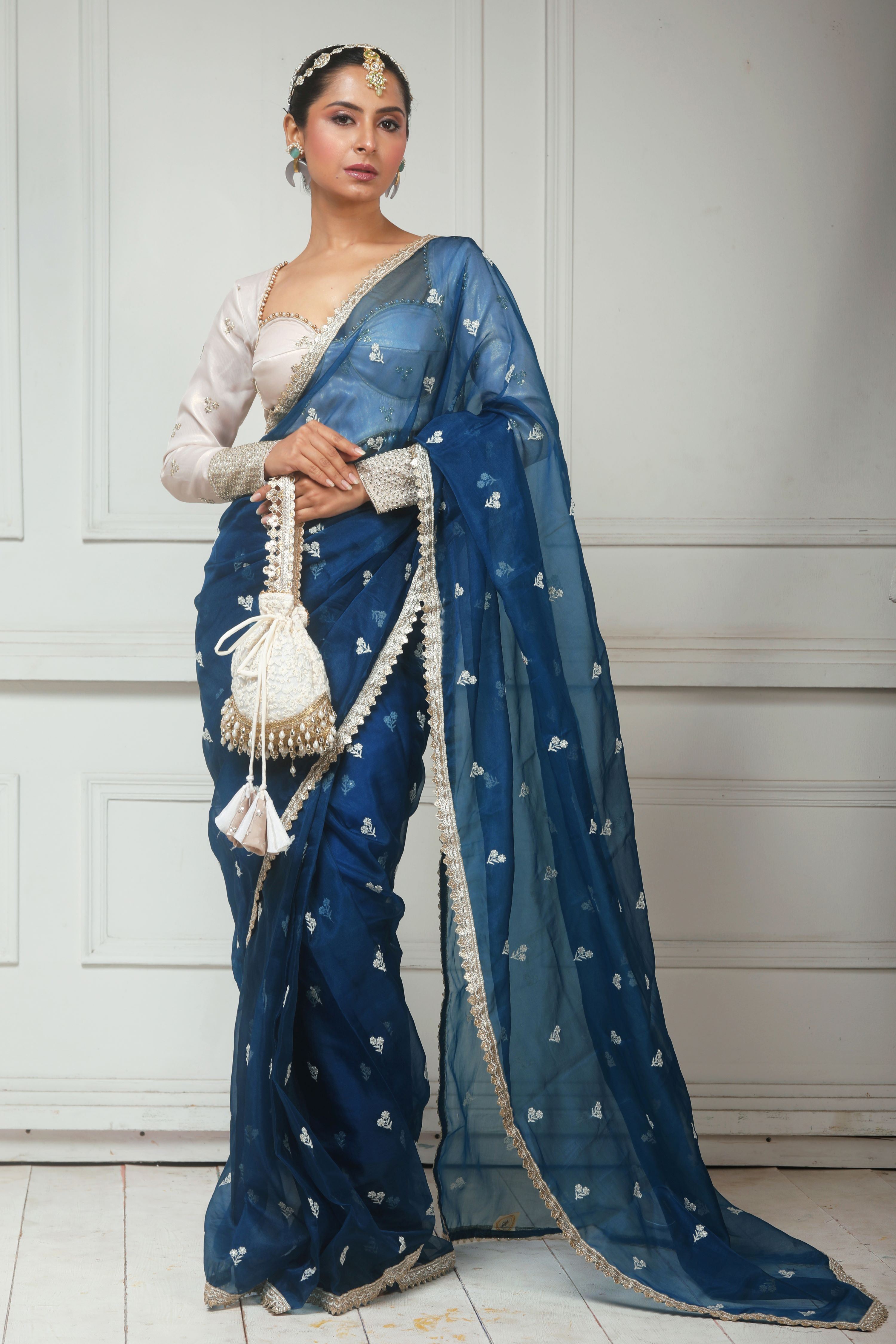 NAVY NARRATIVE SAREE WITH SEPIA FANTASY BLOUSE