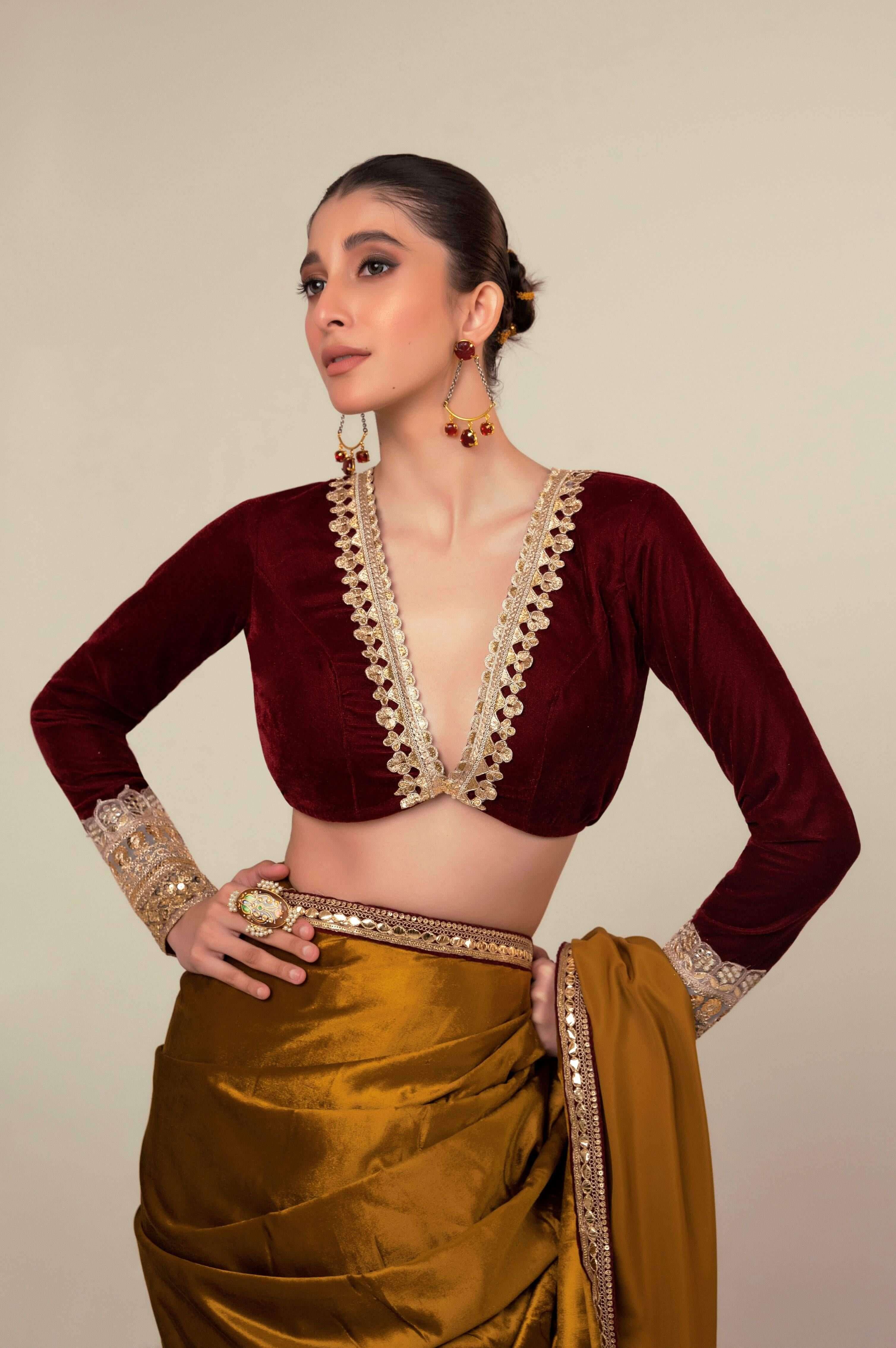 LUXE LIME SAREE WITH OXBLOOD EDGE BLOUSE.