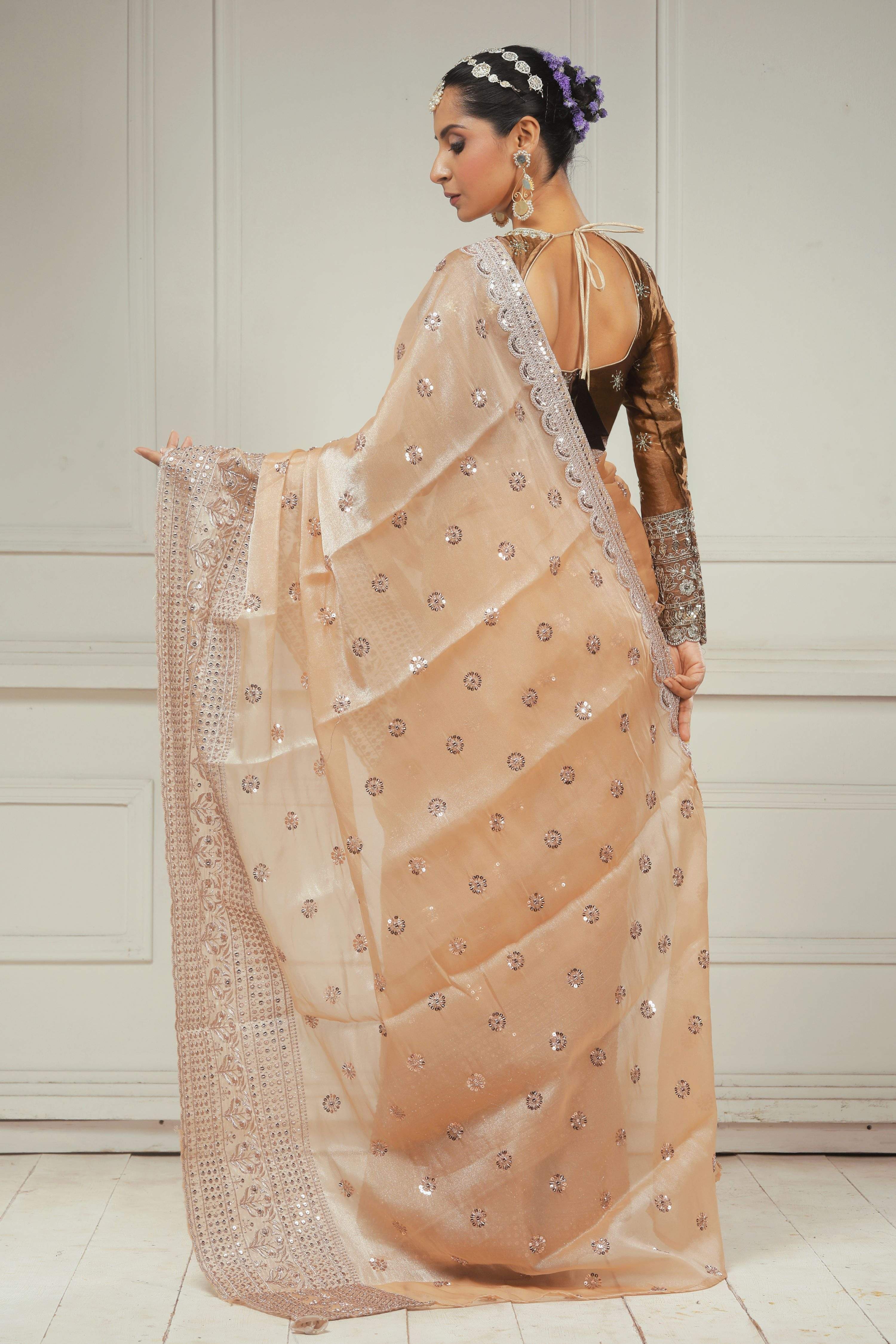 OLD GOLD POETRY SAREE WITH COCOA WILDFLOWER BLOUSE
