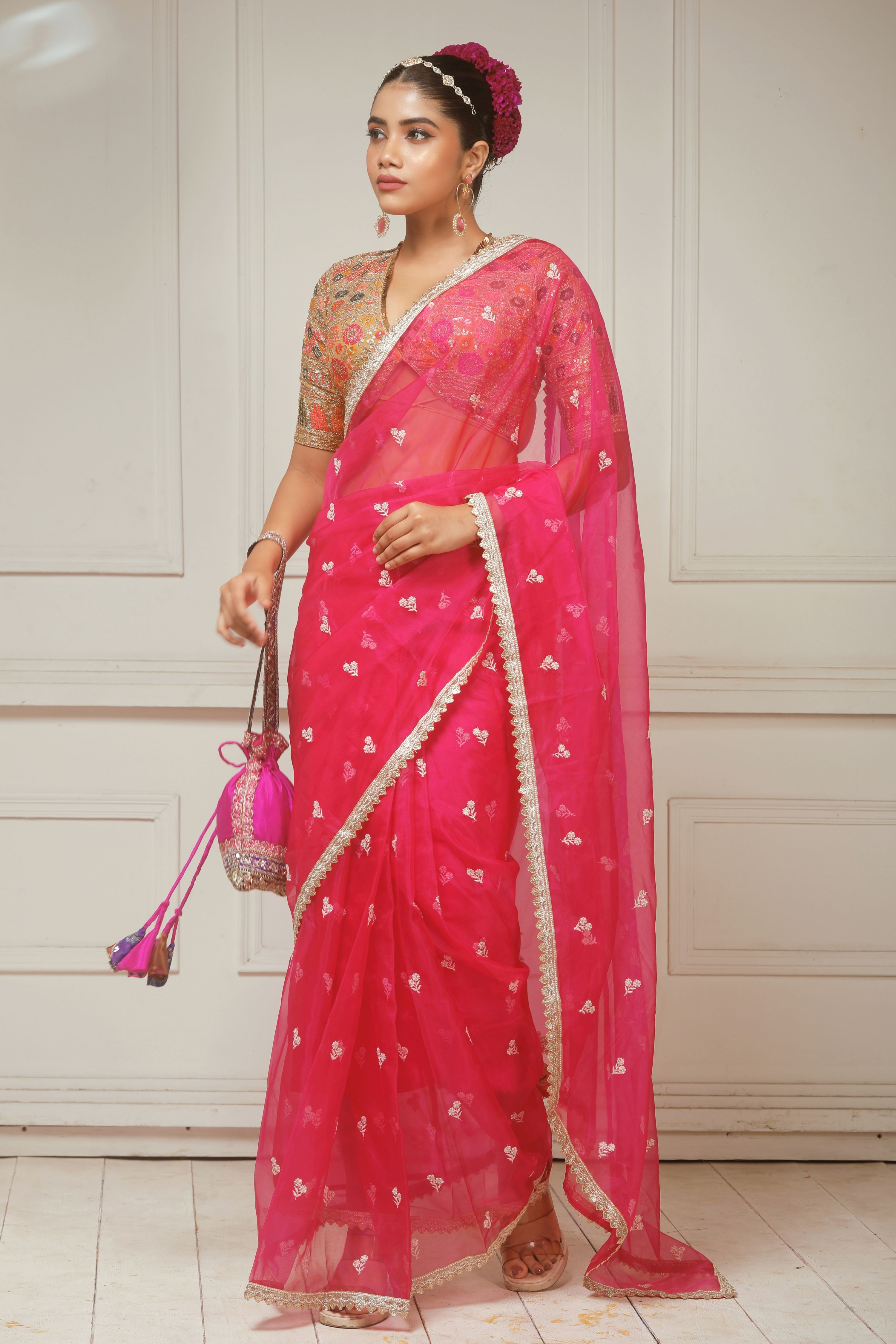 FUCHSIA FLAME SAREE WITH GLIDED GODDESS BLOUSE