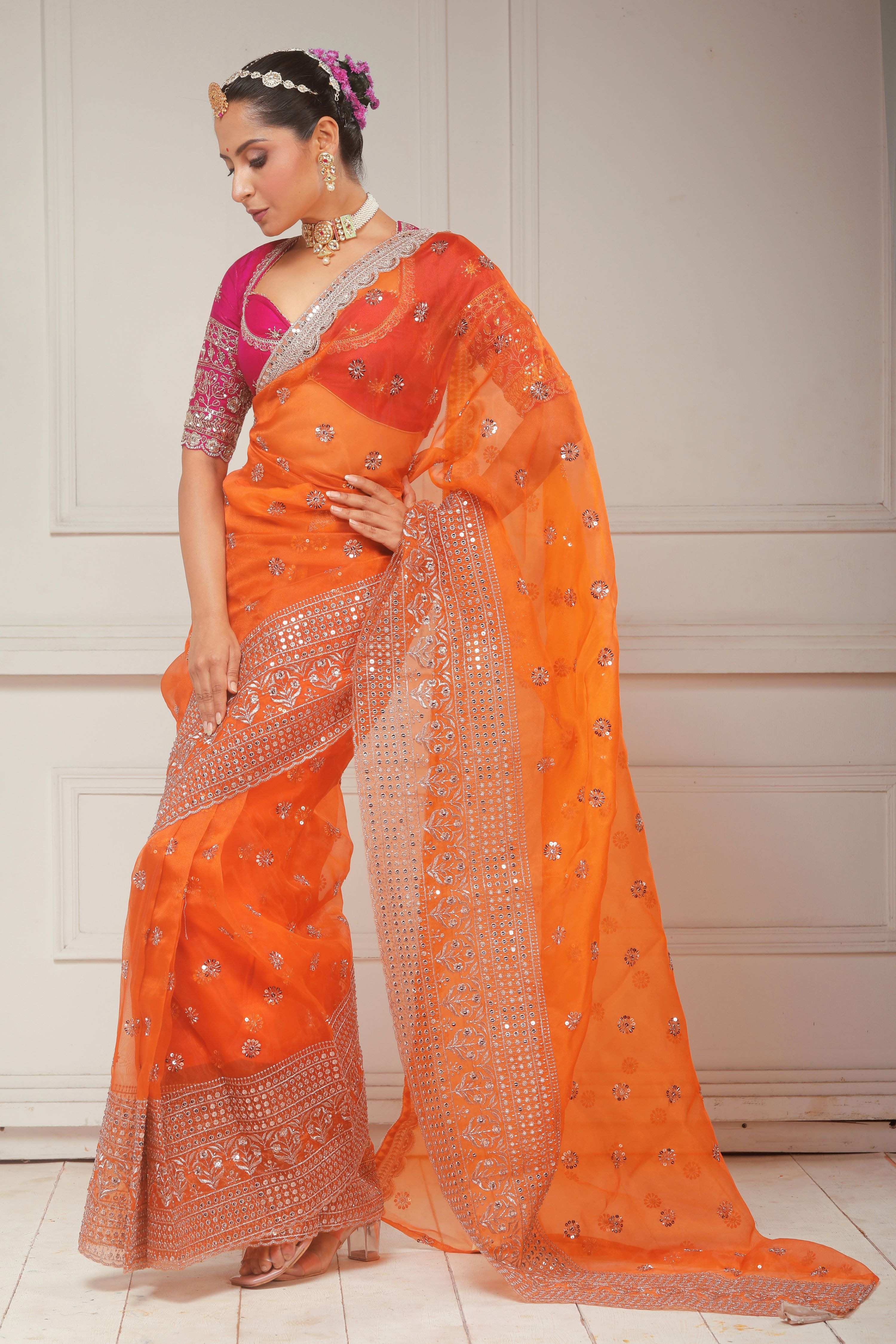 TANGERINE POETRY SAREE WITH CANDY WILDFLOWER BLOUSE