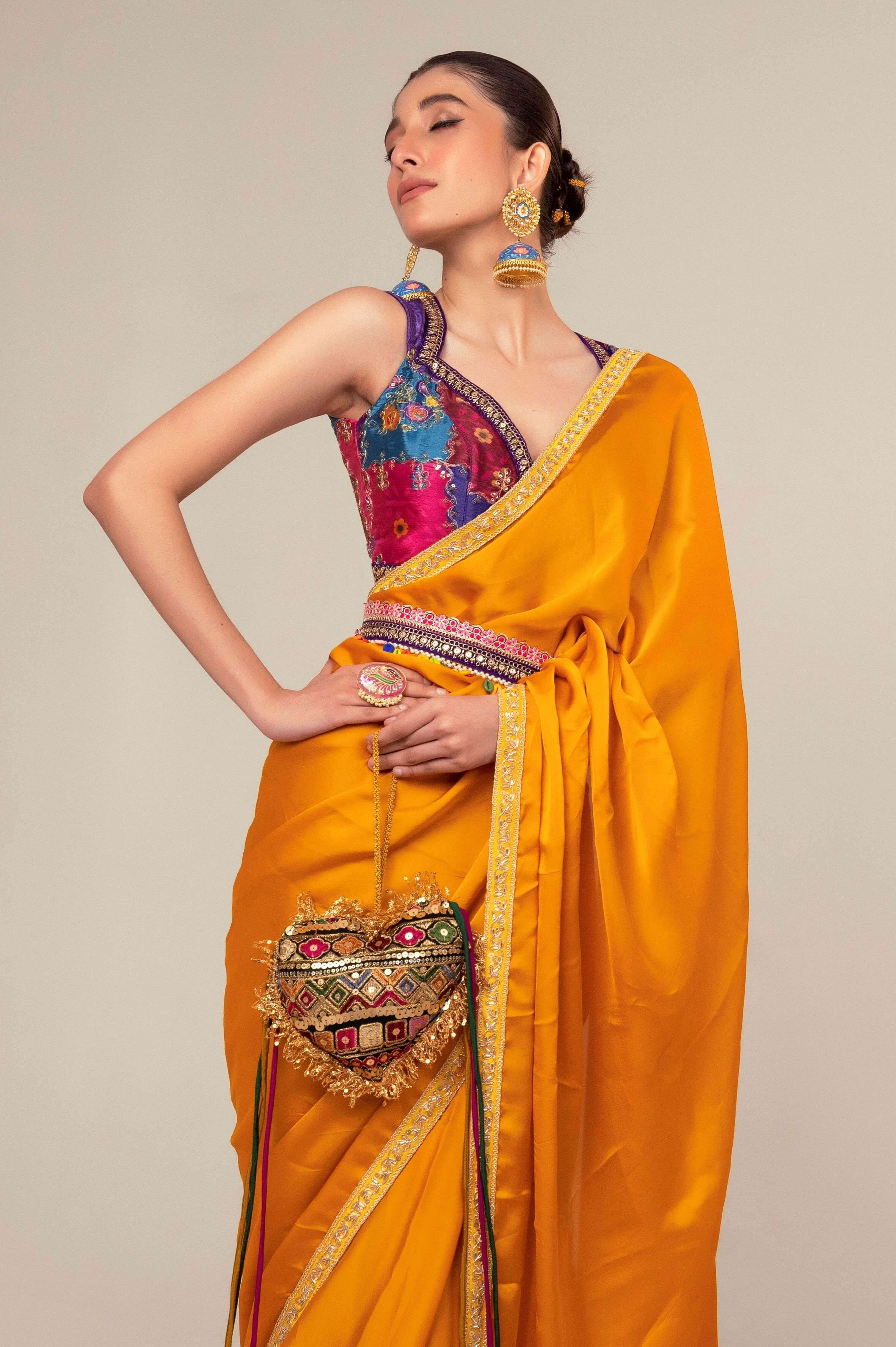 MARIGOLD MIST SAREE WITH BLUSH EDIT BLOUSE.