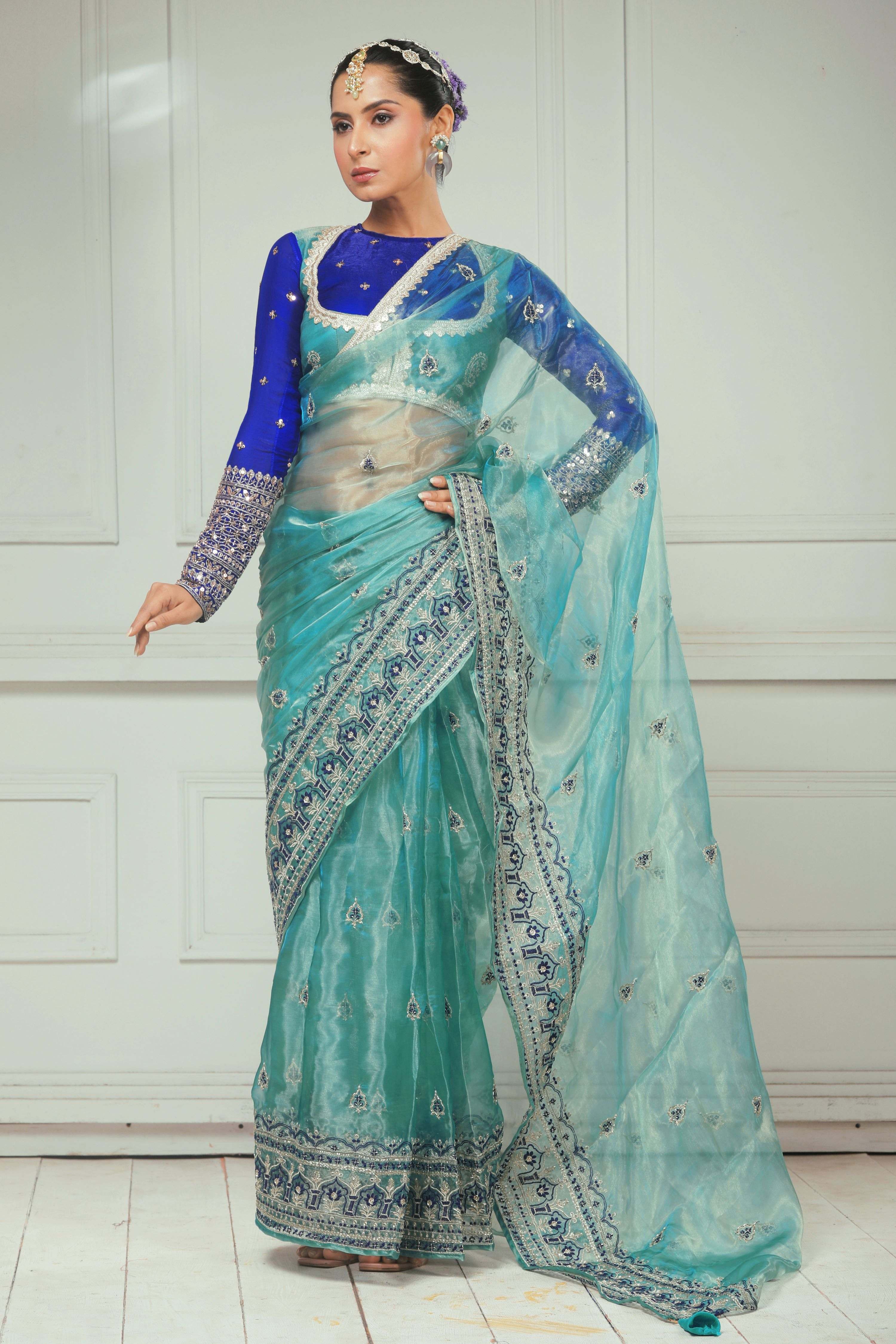 SAPPHIRE SHEESH SAREE WITH RAVISH REIGN CLASSIC BLOUSE