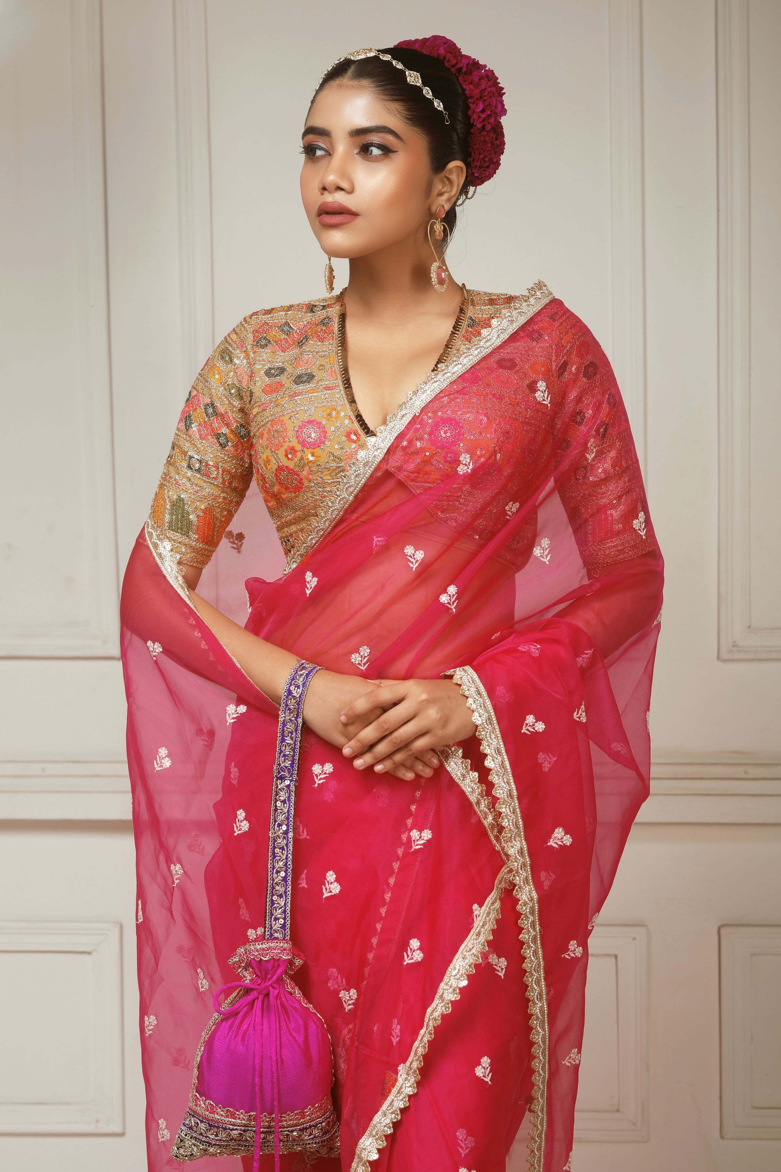 FUCHSIA FLAME SAREE WITH GLIDED GODDESS BLOUSE