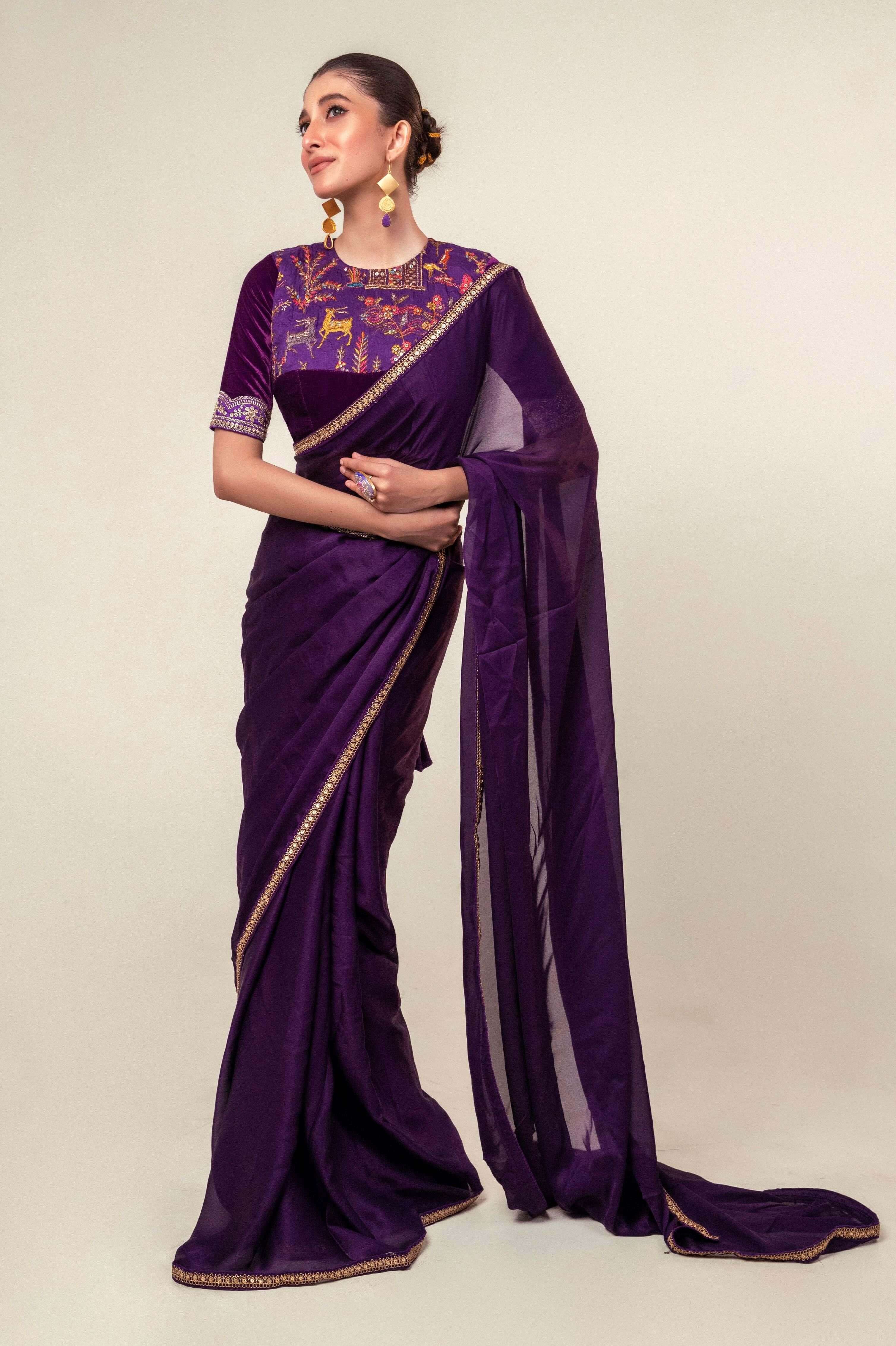 BOLD BLOOM SAREE WITH ROYAL HAZE BLOUSE.