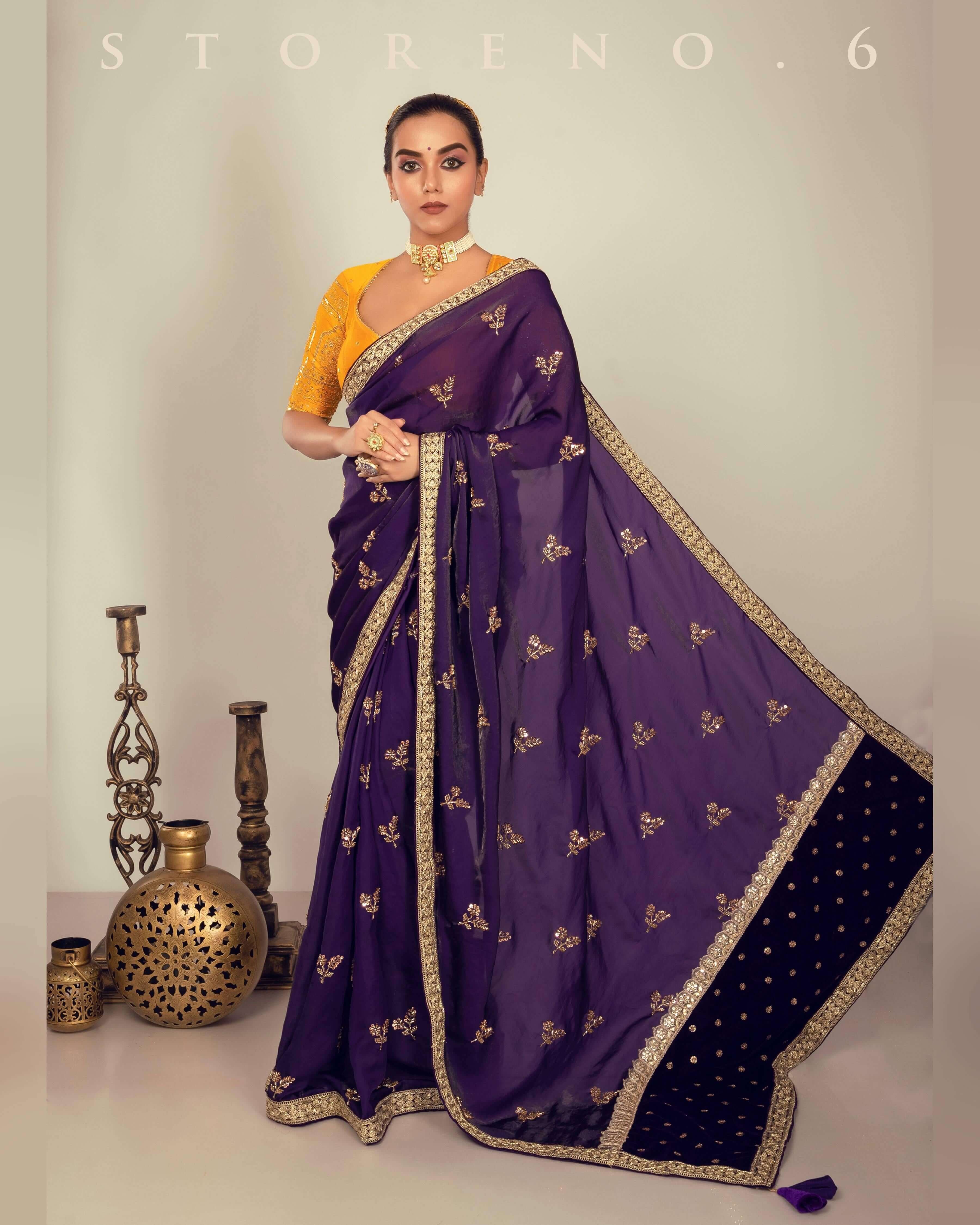 RAISIN REGALIA SAREE WITH TIMELESS TOPAZ BLOUSE.