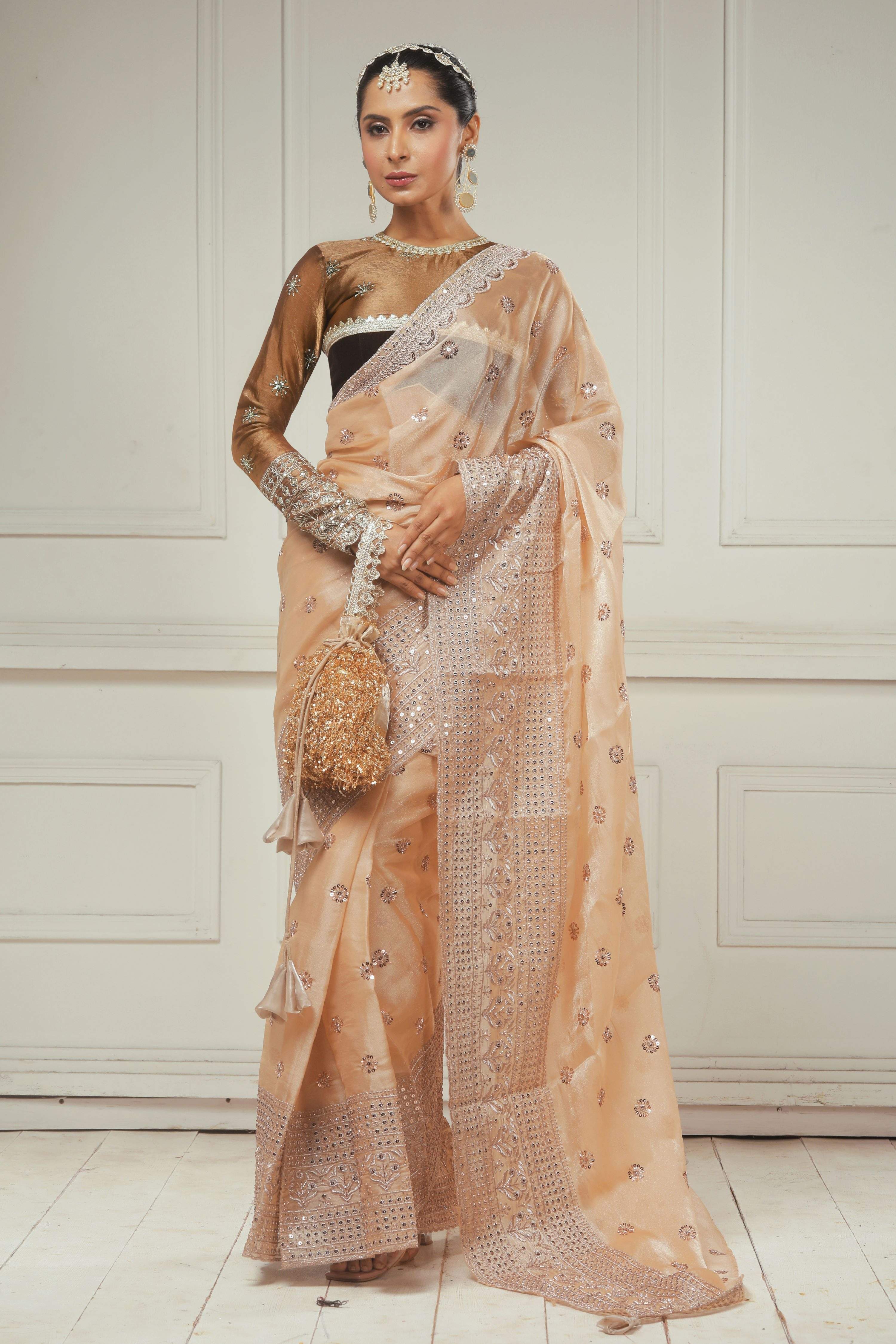 OLD GOLD POETRY SAREE WITH COCOA WILDFLOWER BLOUSE