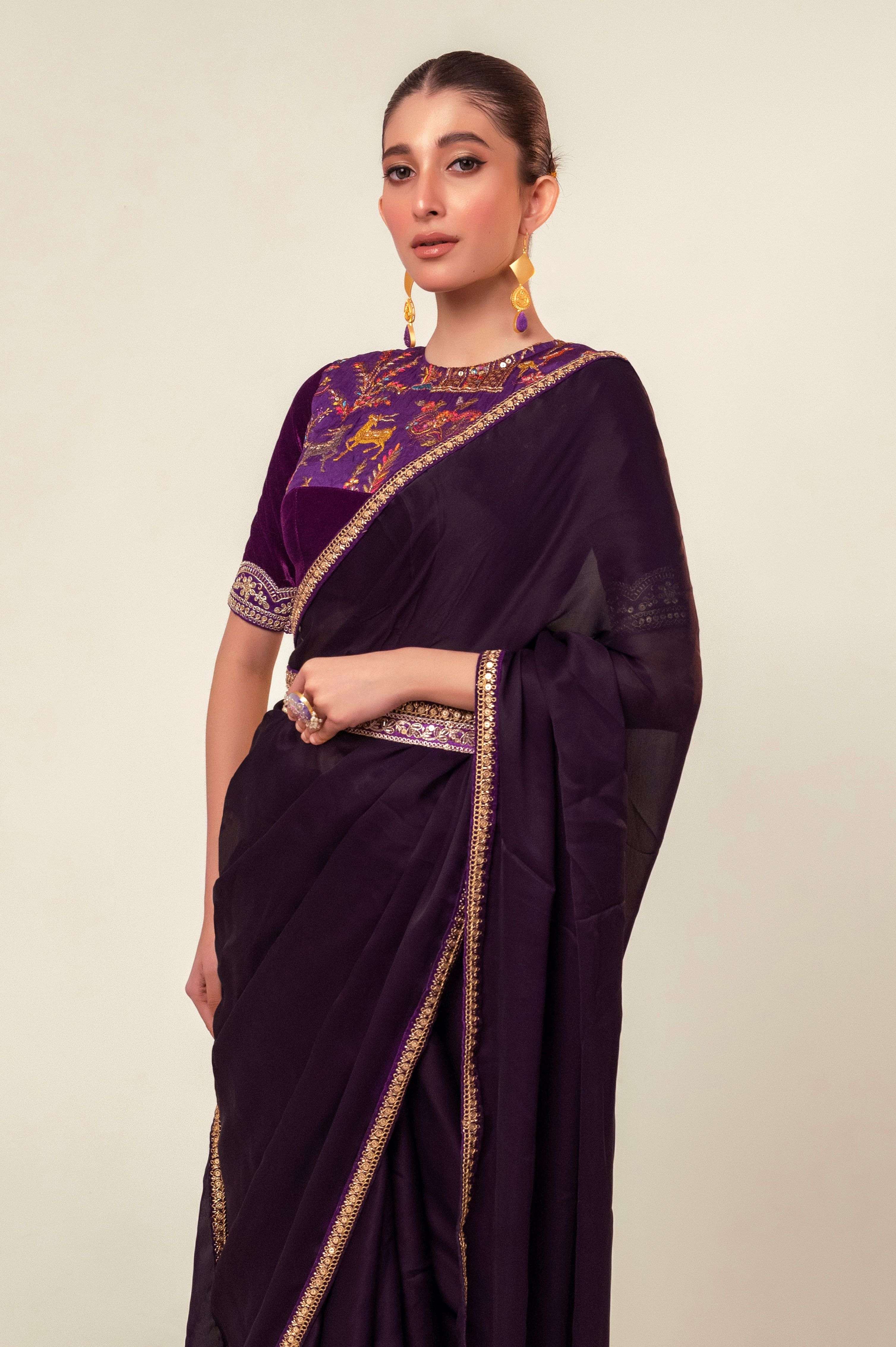 BOLD BLOOM SAREE WITH ROYAL HAZE BLOUSE