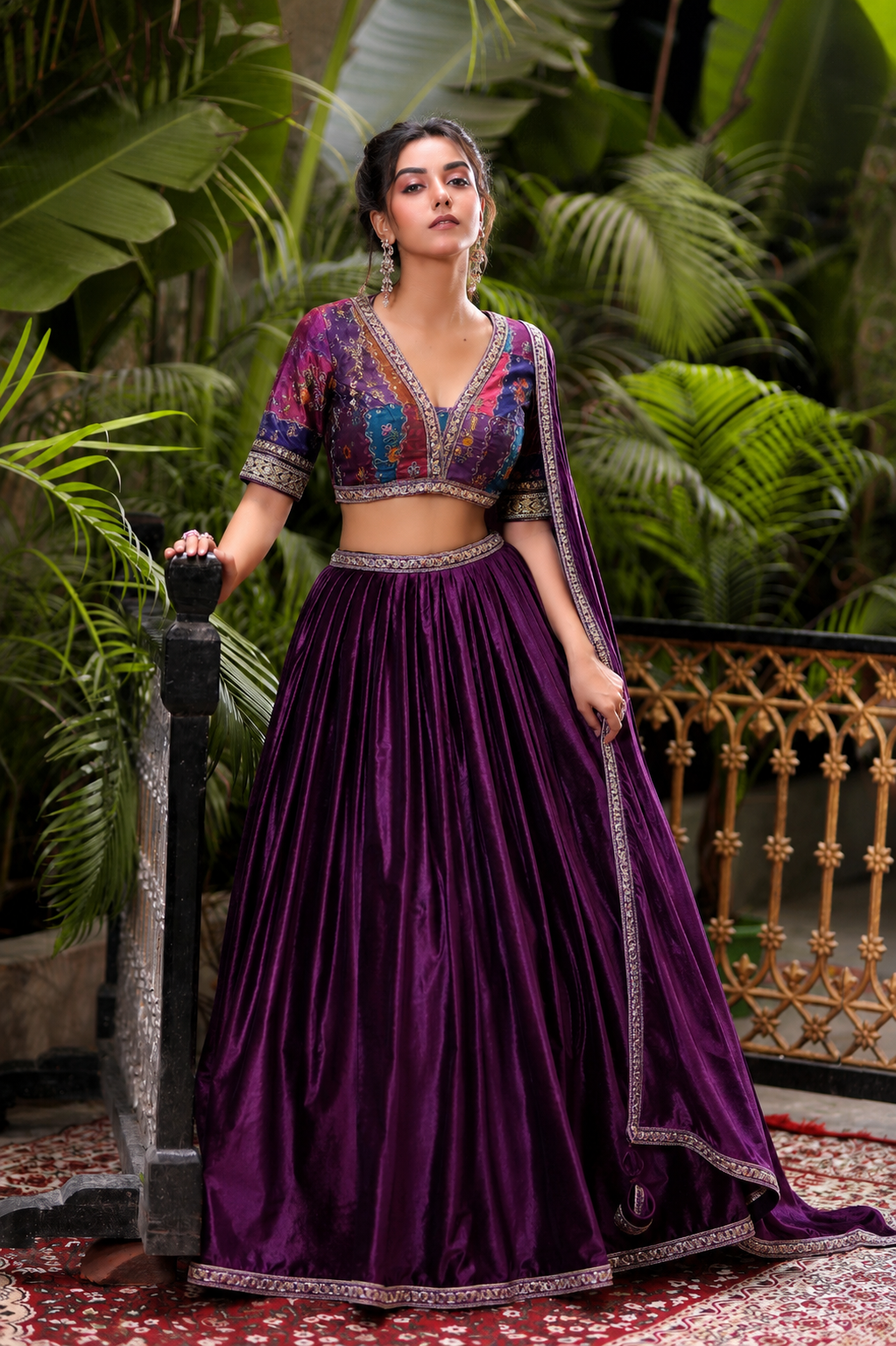 JAMUN VELVET LEHENGA SKIRT WITH DUPATTA AND STITCHED BLOUSE(WITH CANCAN)
