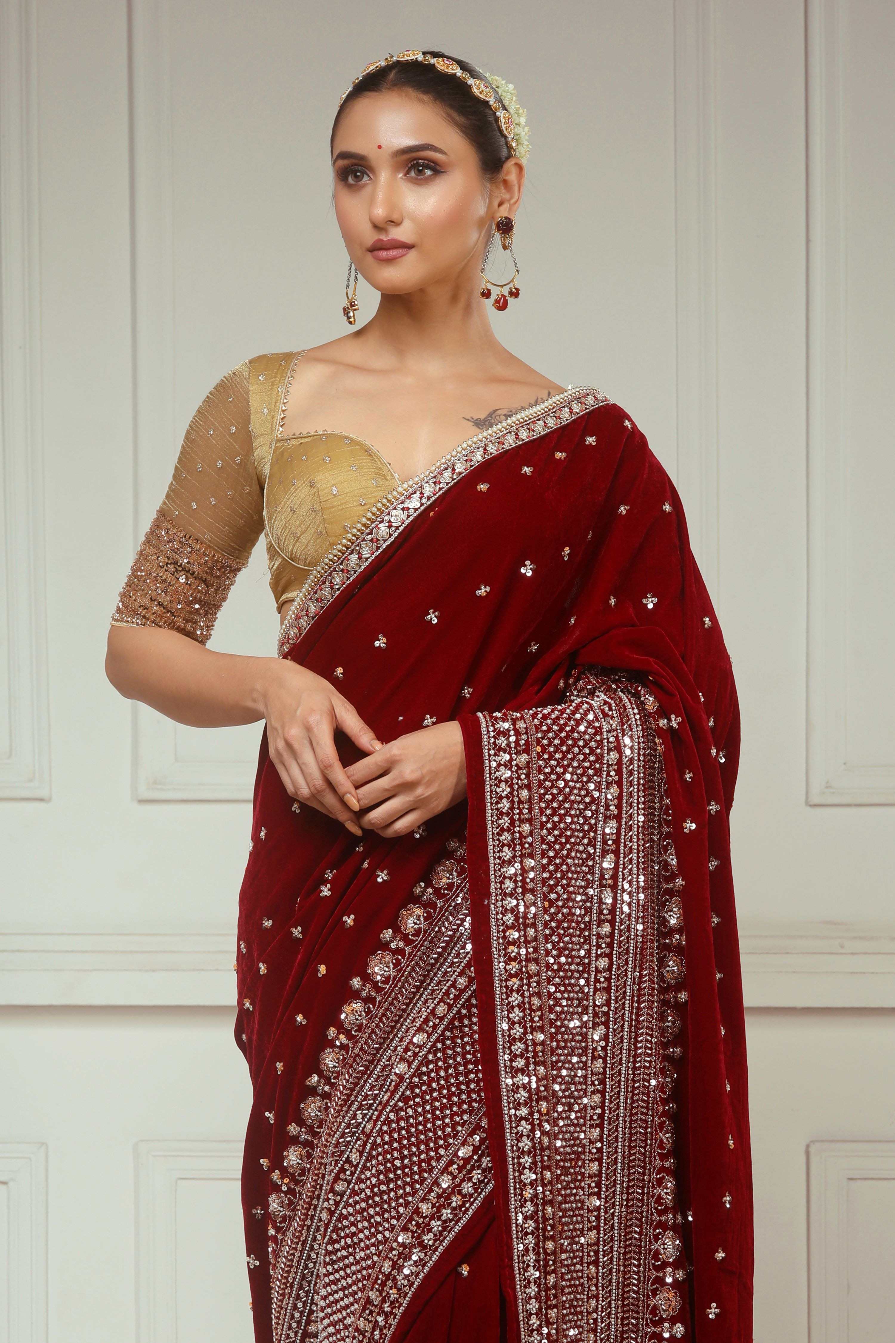 GARNET GRANDEUR SAREE WITH SUNKISSED DESIRE BLOUSE